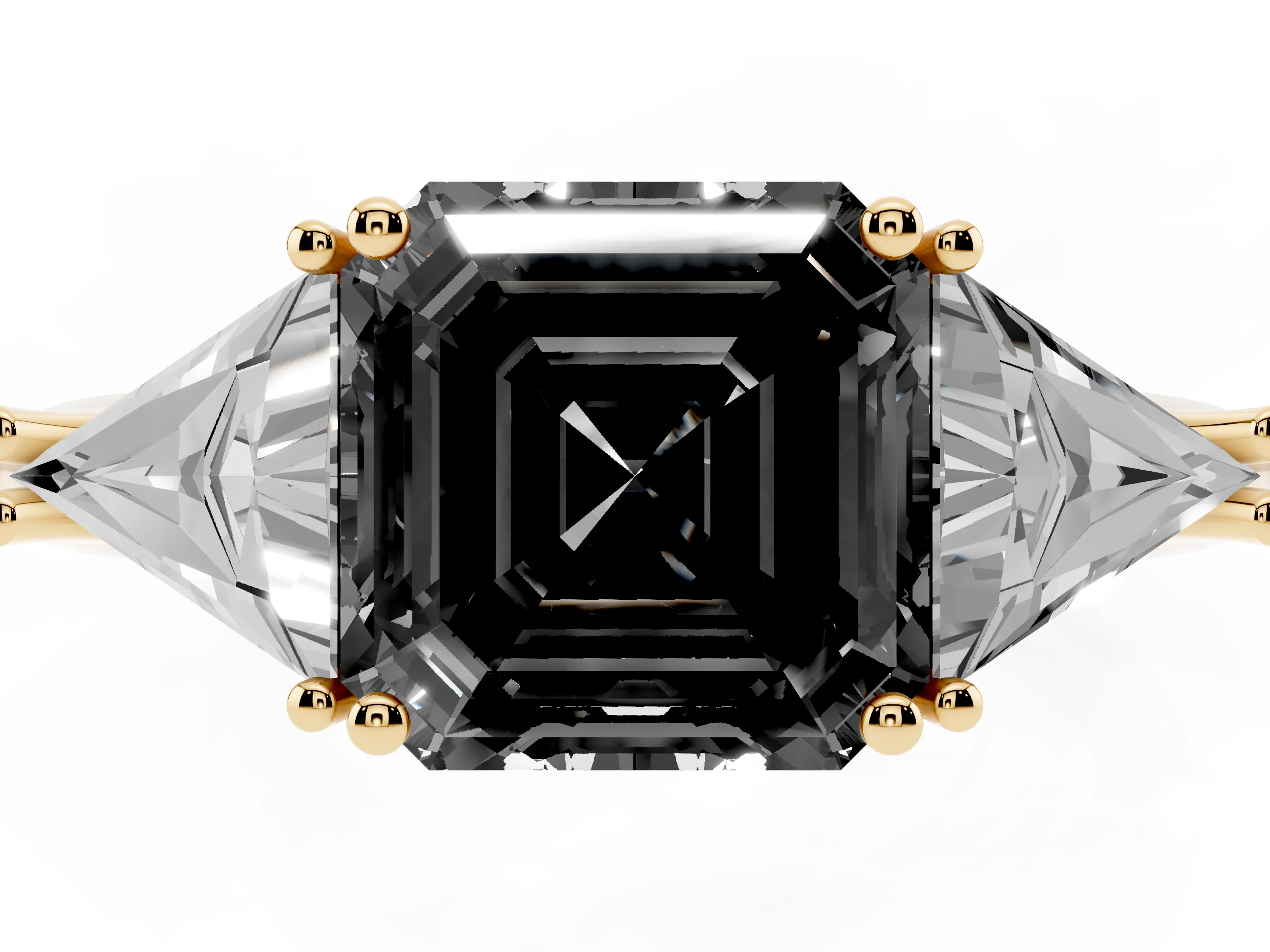 Fancy Black Asscher Cut Diamond Three-Stone Engagement Ring Set in Yellow gold with Trillion Side Stones