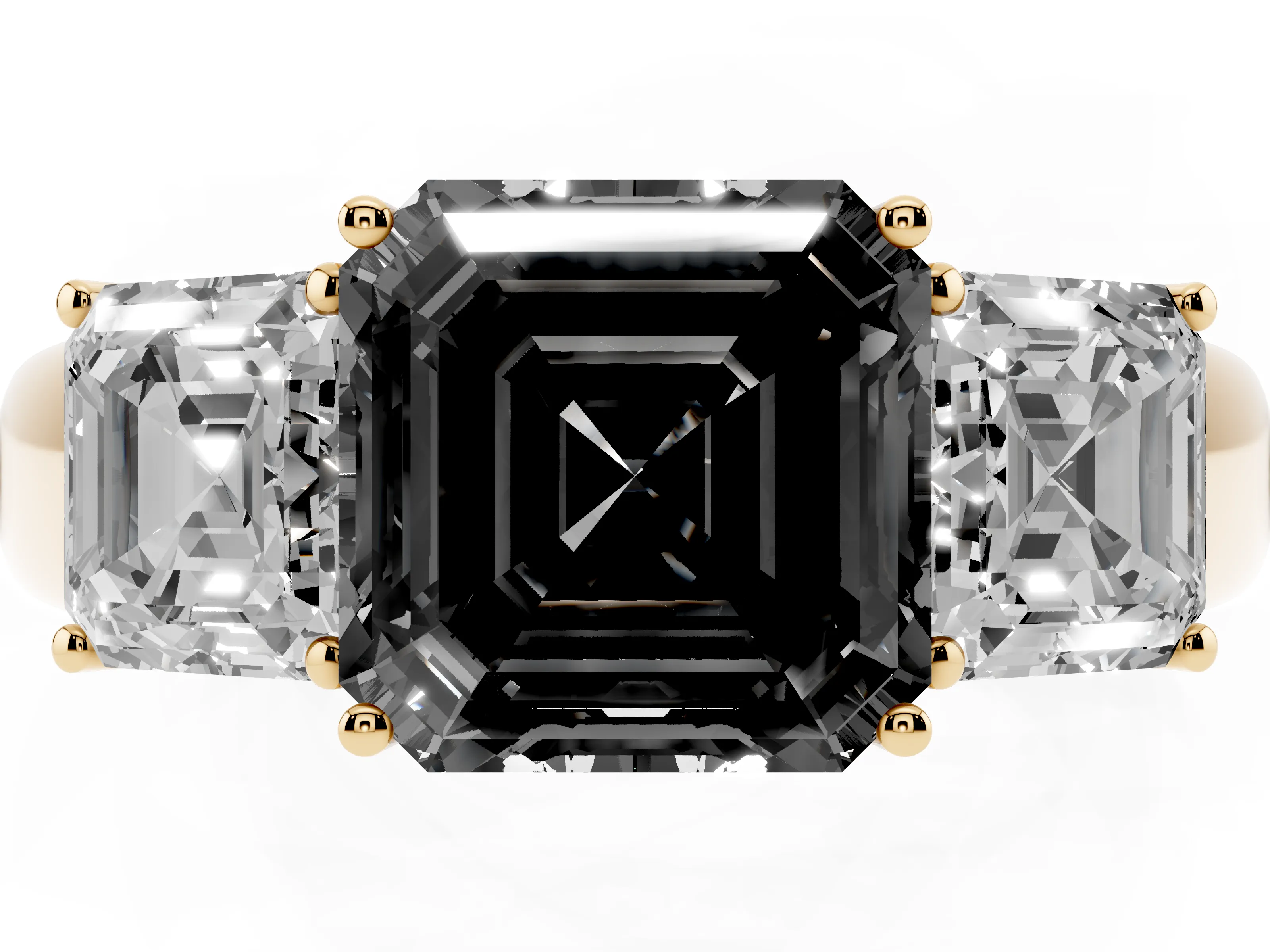 Fancy Black Three-Stone Asscher Cut Diamond Ring Set in Yellow gold with Matching Prong Settings and Plain Band