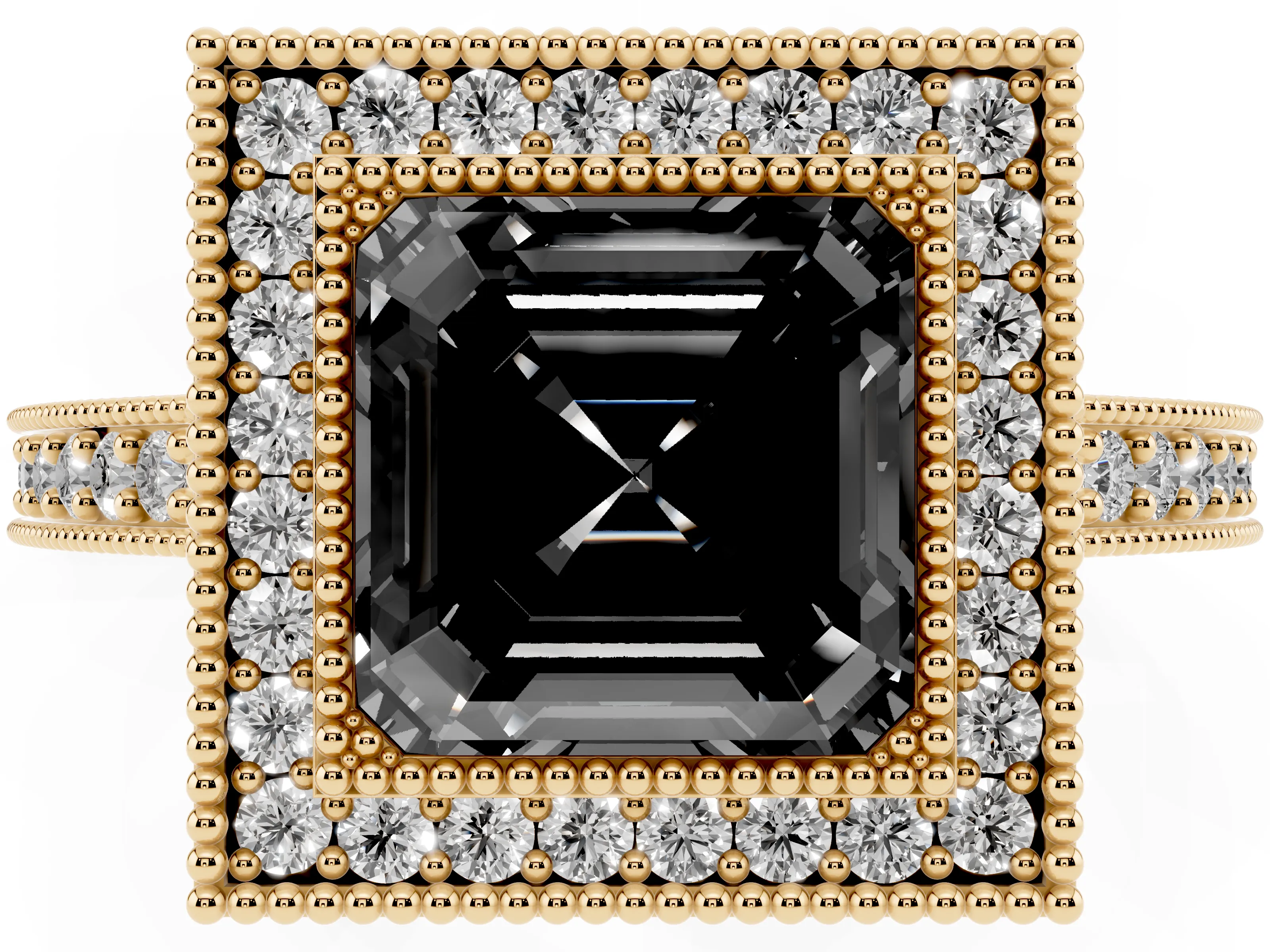 Fancy Black Asscher Cut Diamond Halo Engagement Ring Set in Yellow gold with Pavé Band and Round Halo Stones