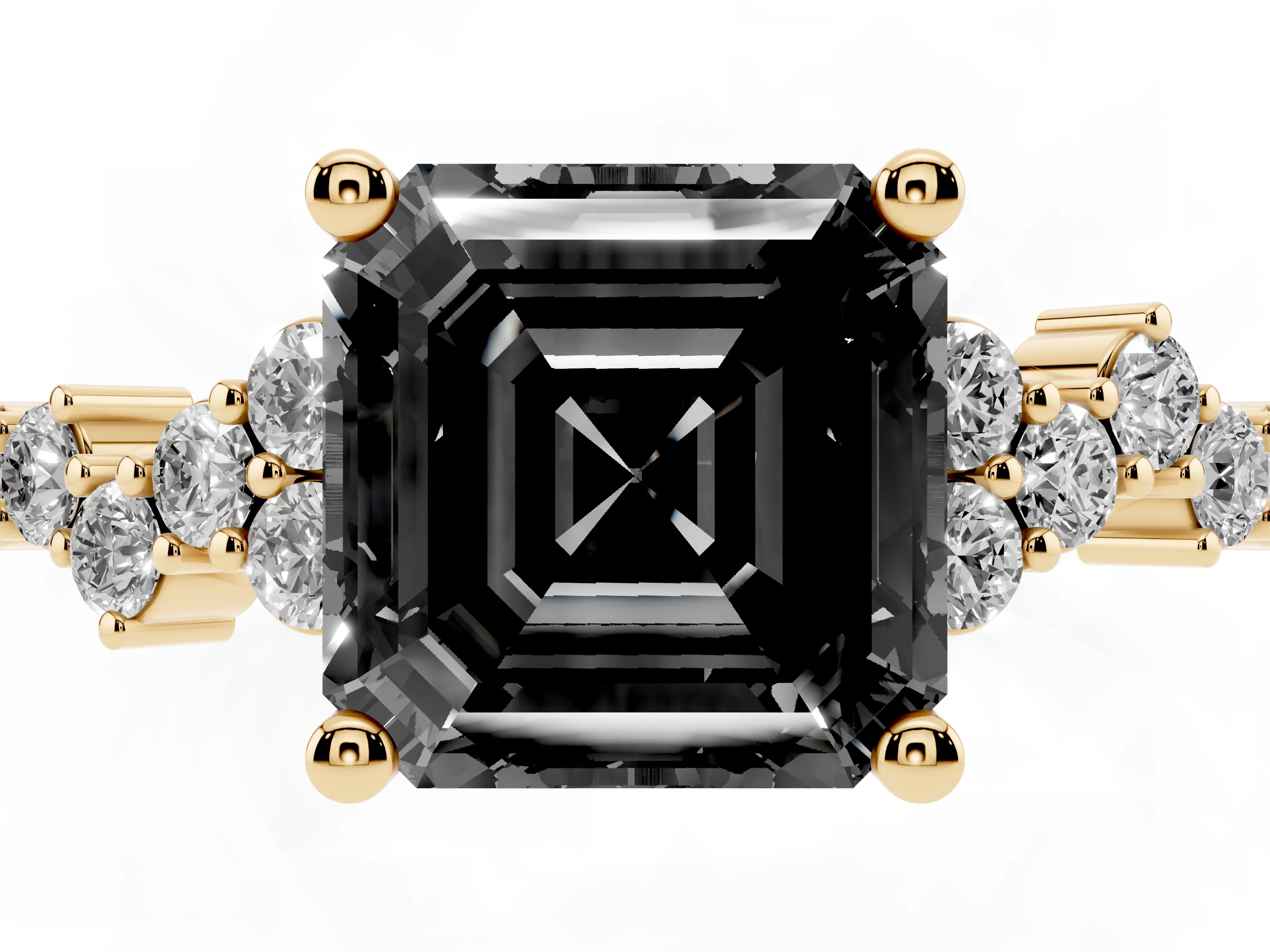 Fancy Black Asscher Cut Diamond Ring Set in Yellow gold with Scattered Round Accents