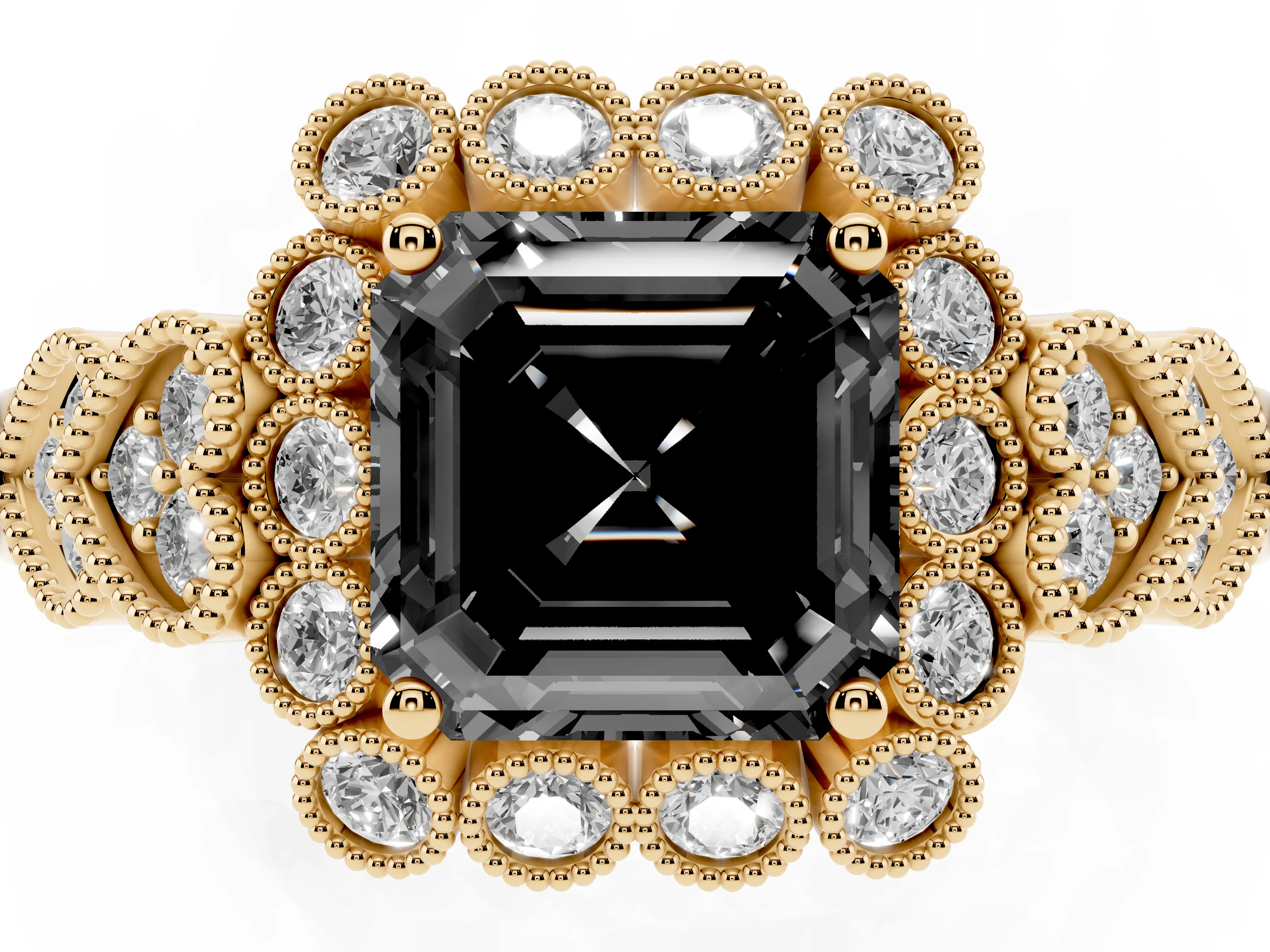 Fancy Black Asscher Cut Diamond Solitaire Ring Set in Yellow gold with Milgrain Pavé Heart Band