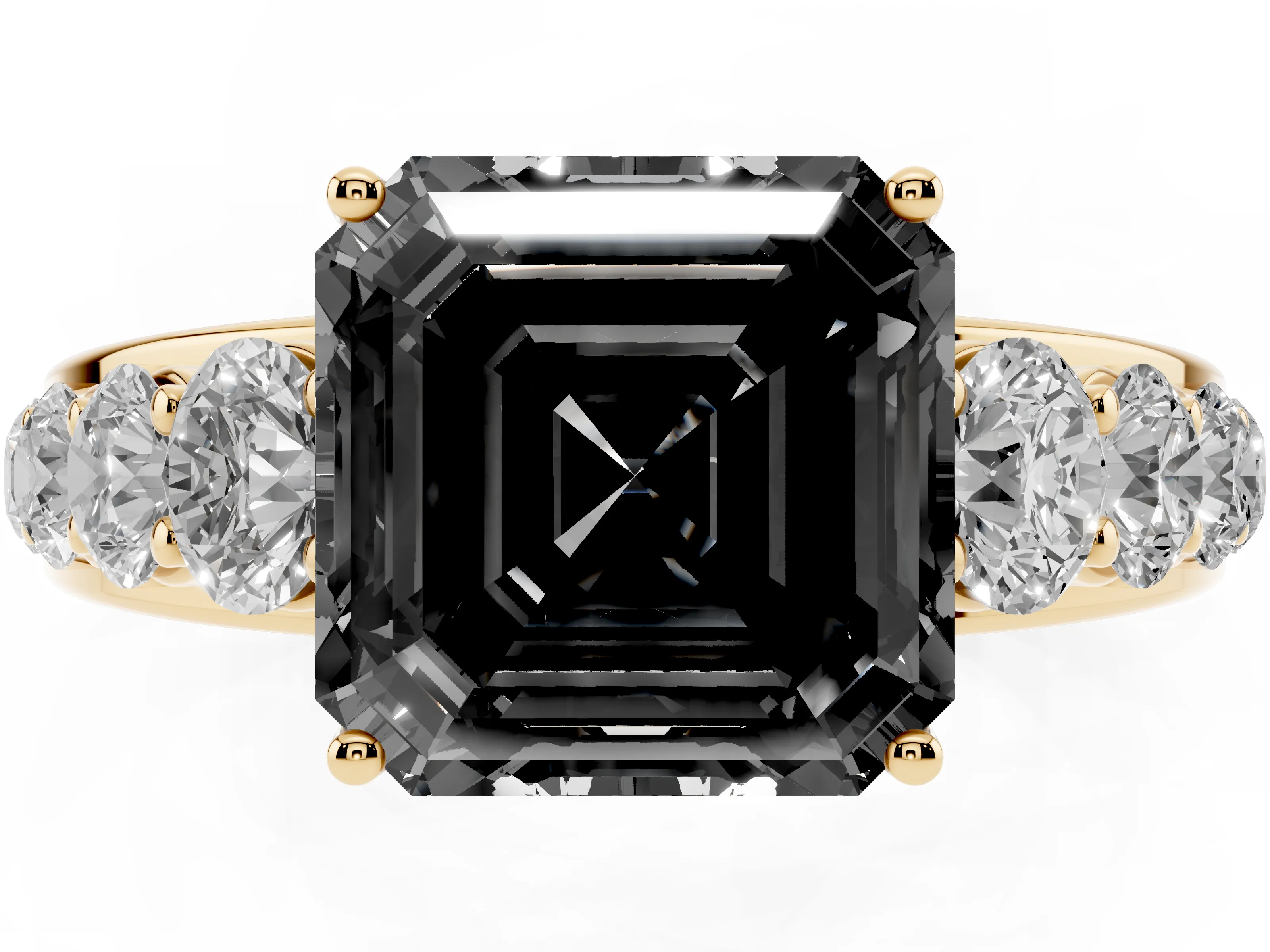Fancy Black Asscher Cut Diamond Solitaire Ring Set in Yellow gold with Pavé-Set Band and Prong Setting