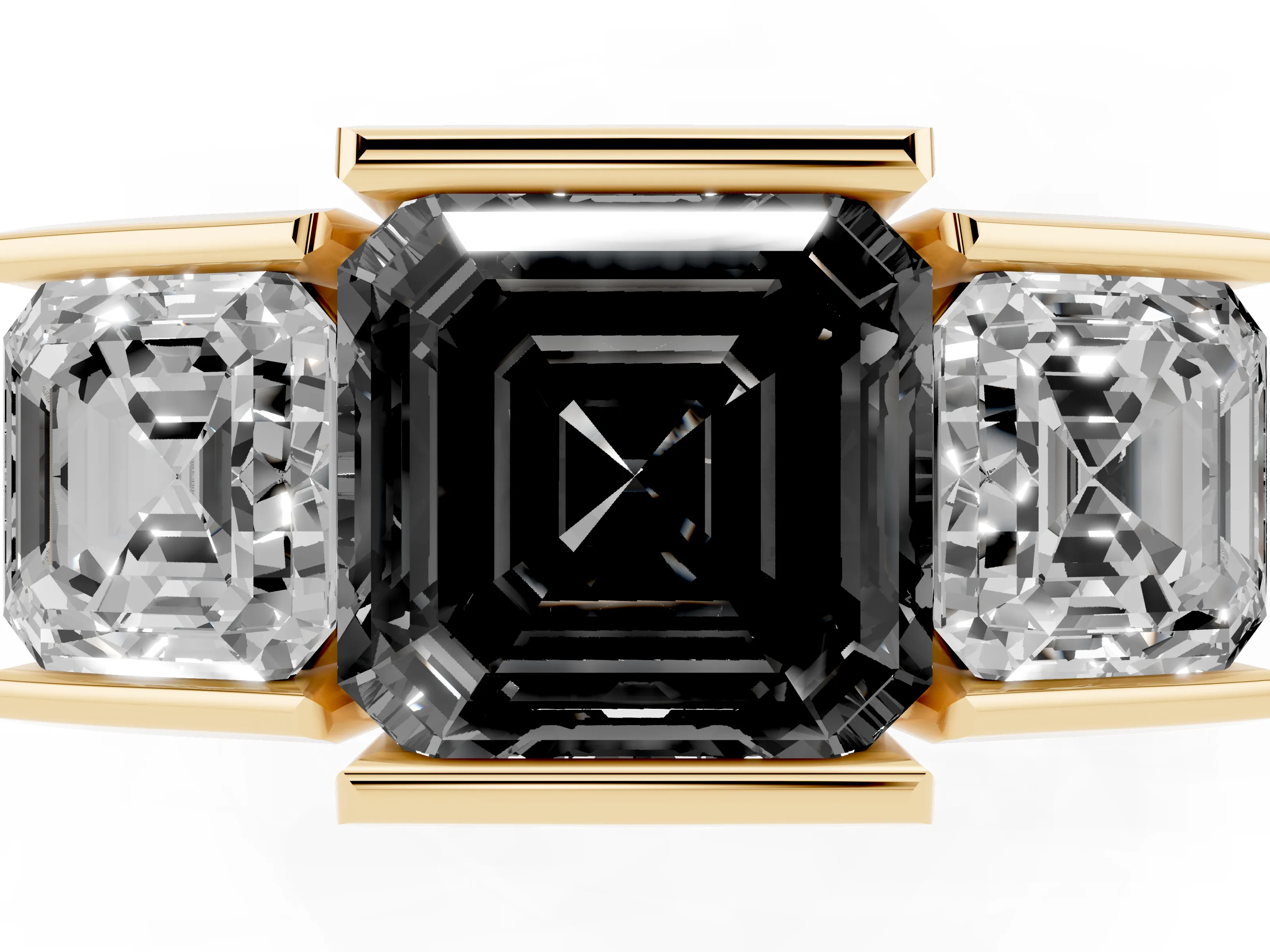 Fancy Black Asscher Cut Diamond Three-Stone Channel Set Ring Set in Yellow gold with Smooth Polished Band