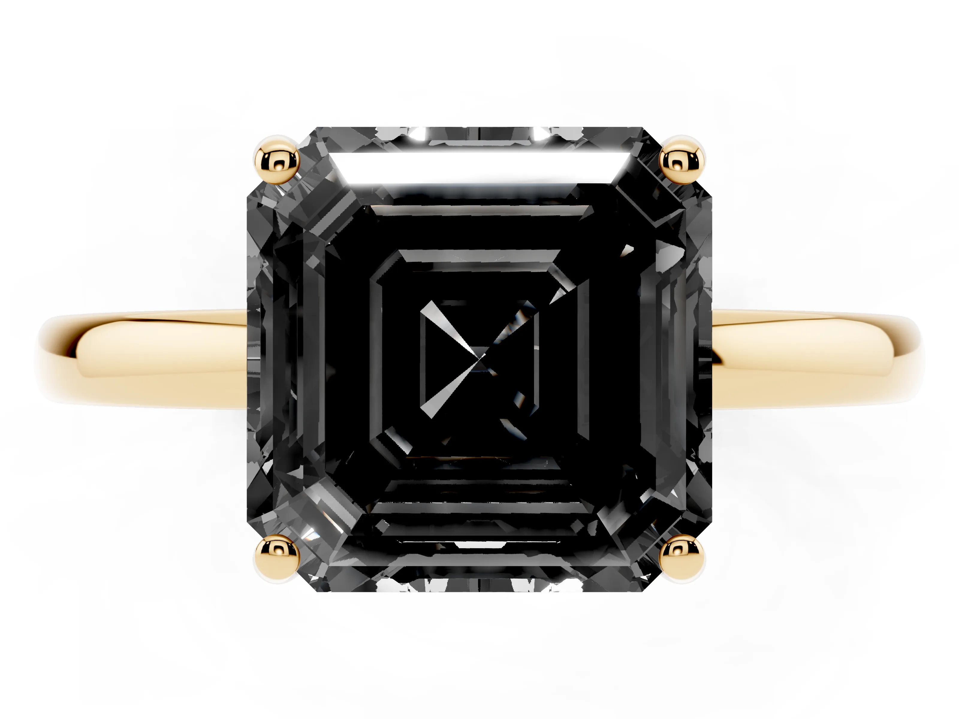 Fancy Black Asscher Cut Diamond Solitaire Ring Set in Yellow gold with Plain Band and Prong Setting