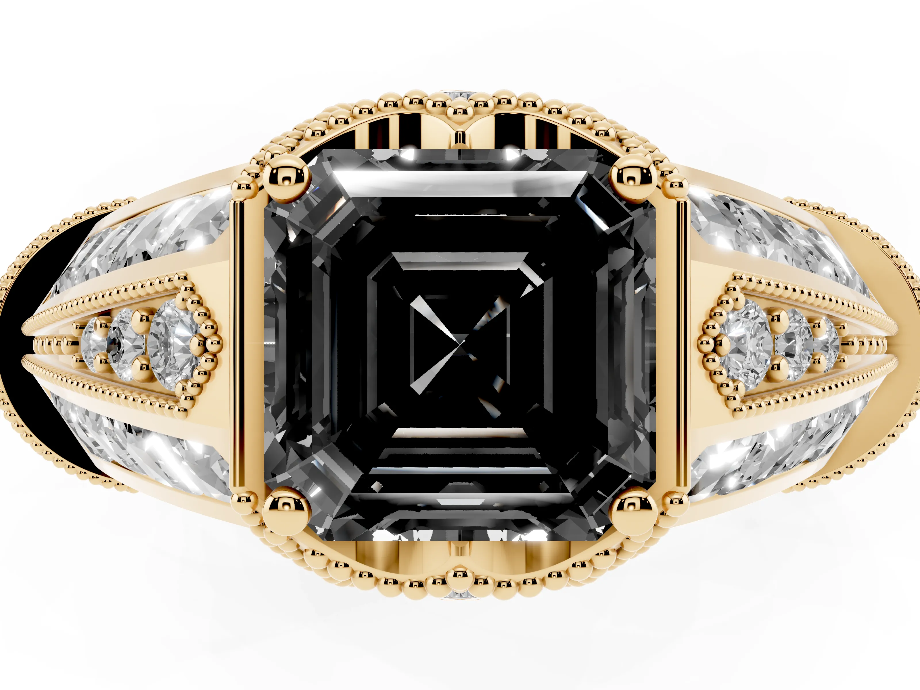 Fancy Black Asscher Cut Diamond Vintage-Inspired Milgrain Ring Set in Yellow gold with Accent Split Shank