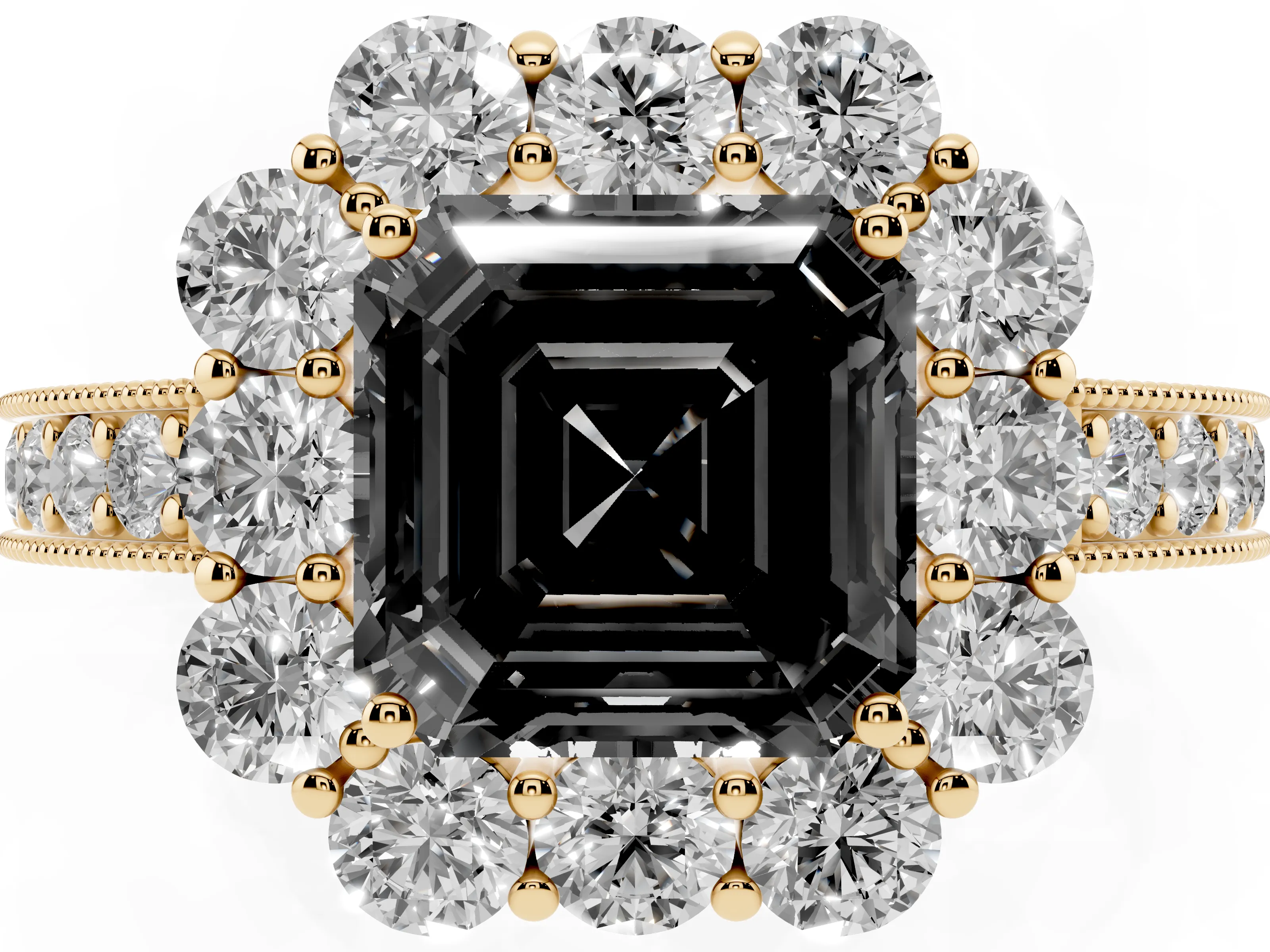 Fancy Black Asscher Cut Diamond Halo Pavé Engagement Ring Set in Yellow gold with Milgrain Detailing