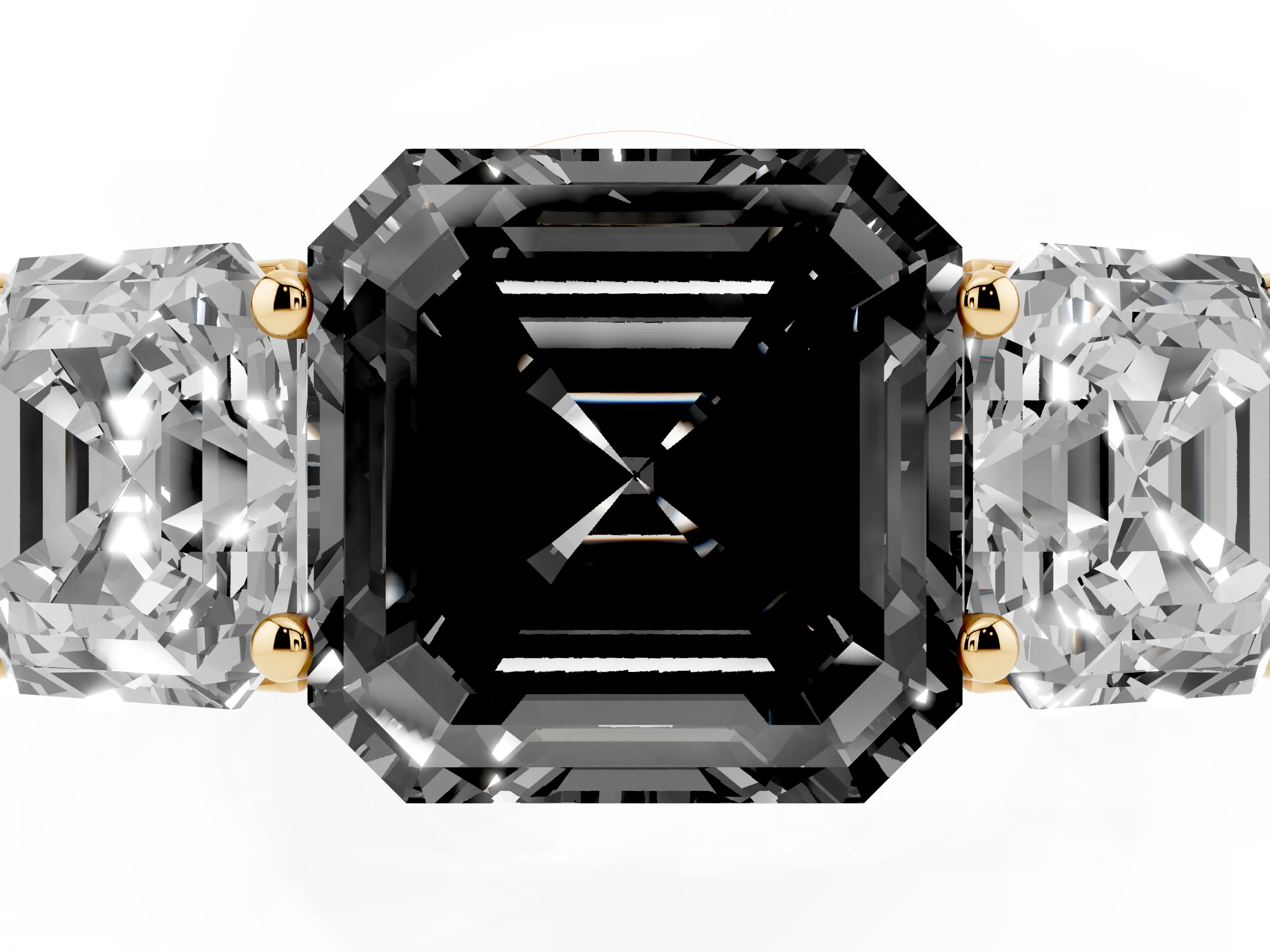 Fancy Black Asscher Cut Diamond Three-Stone Ring Set in Yellow gold with Plain Polished Band