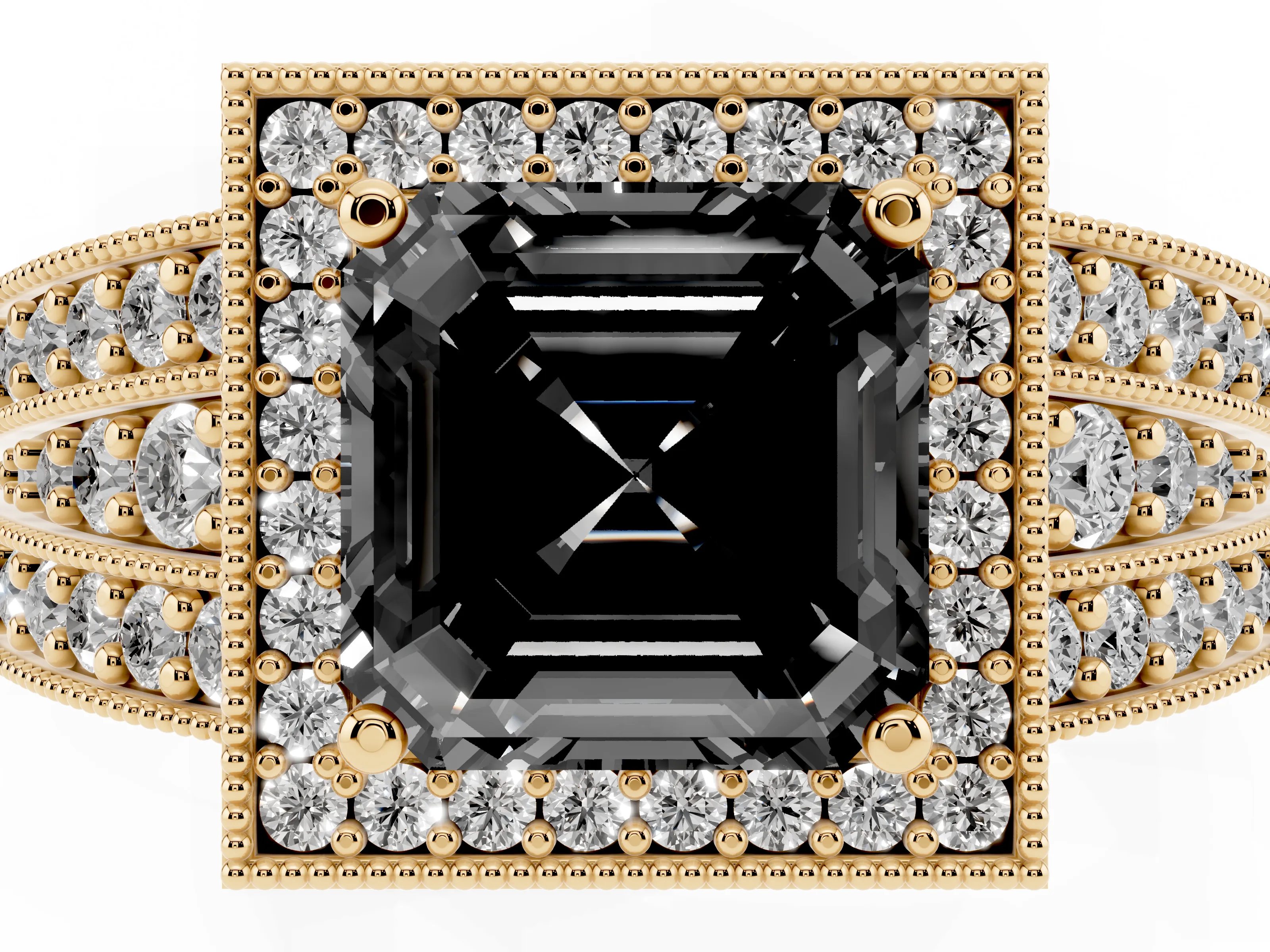 Fancy Black Asscher Cut Diamond Halo Ring Set in Yellow gold with Accent Split Shank and Prong Setting