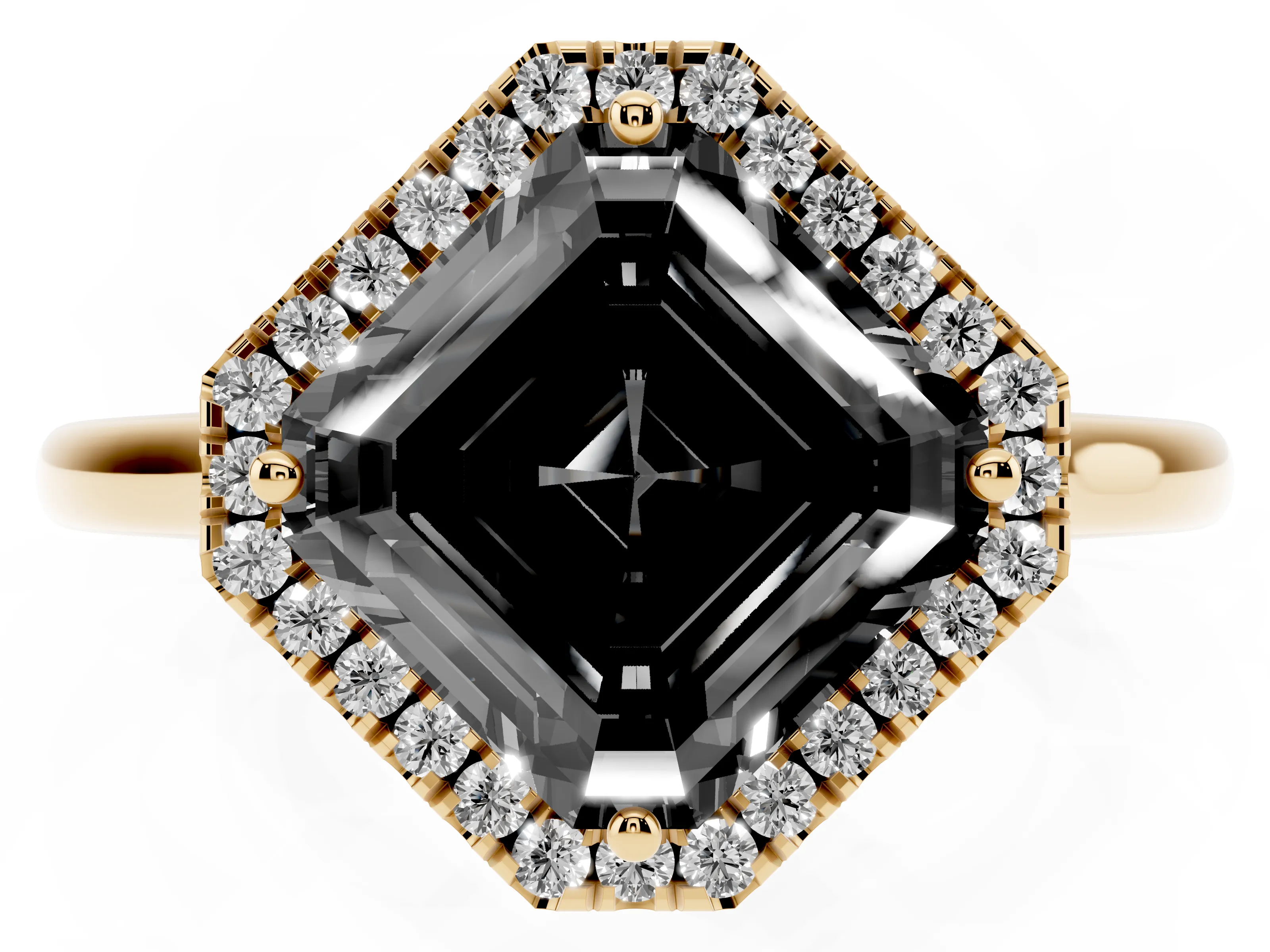Fancy Black Asscher Cut Diamond Halo Engagement Ring Set in Yellow gold with Pavé Band and Rising Shoulders
