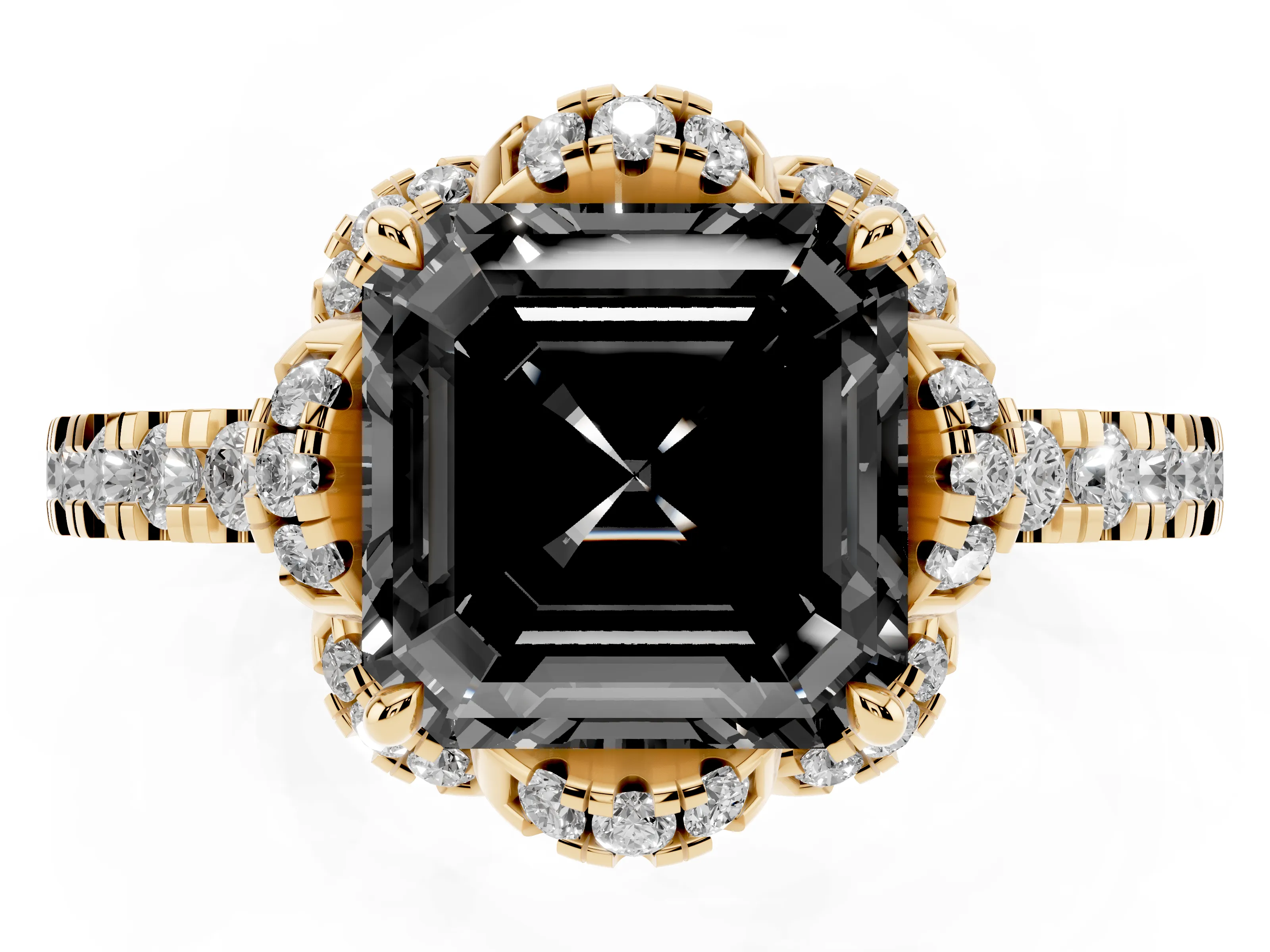 Fancy Black Asscher Cut Diamond Halo Pavé Ring Set in Yellow gold with Prong-Held Center Stone