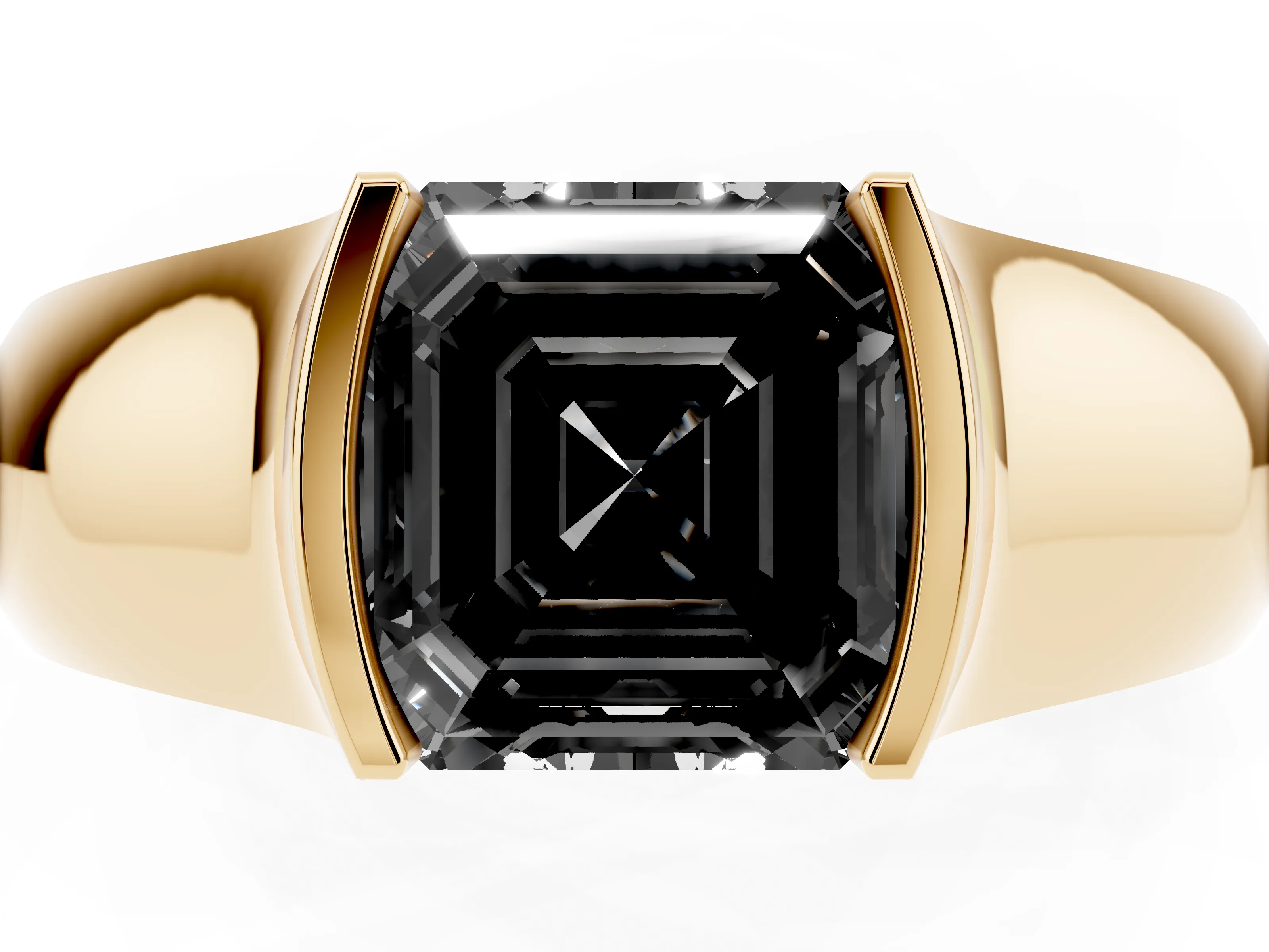 Fancy Black Asscher Cut Diamond Bezel Solitaire Ring Set in Yellow gold with Wide Band