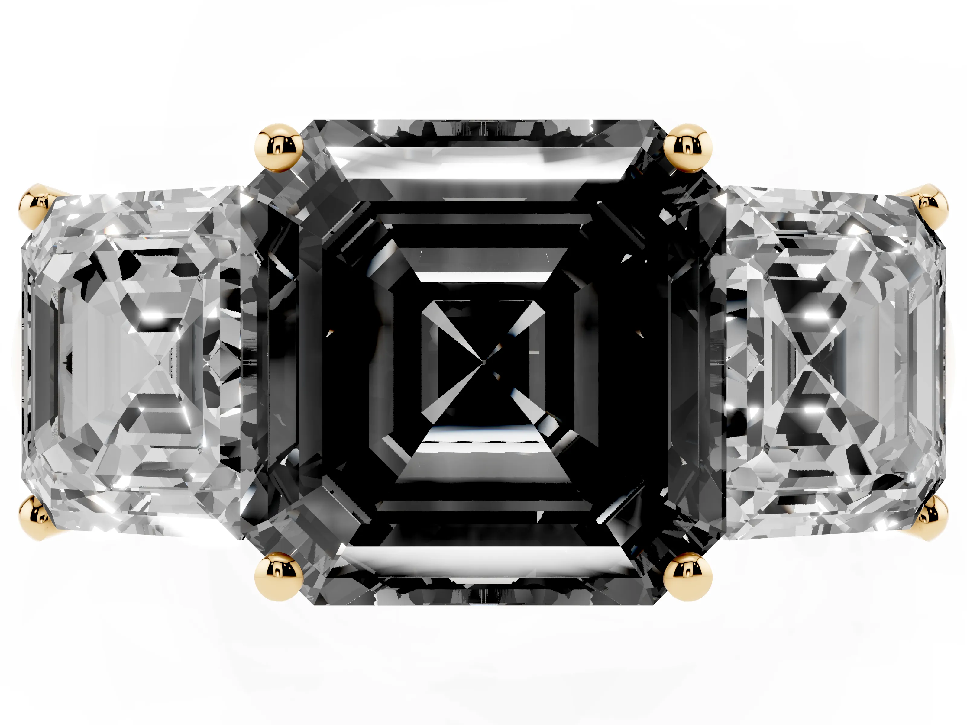 Fancy Black Asscher Cut Diamond Three-Stone Ring Set in Yellow gold with Classic Prong Setting and Plain Band
