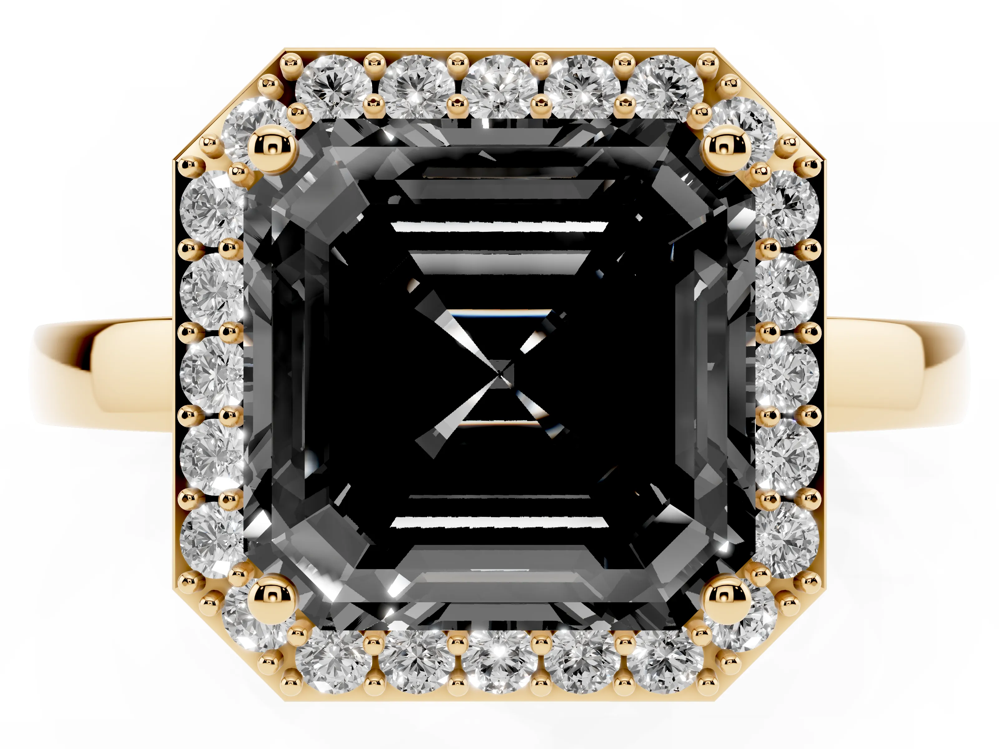 Fancy Black Asscher Cut Diamond Halo Ring Set in Yellow gold with Solitaire Band and Prong Setting