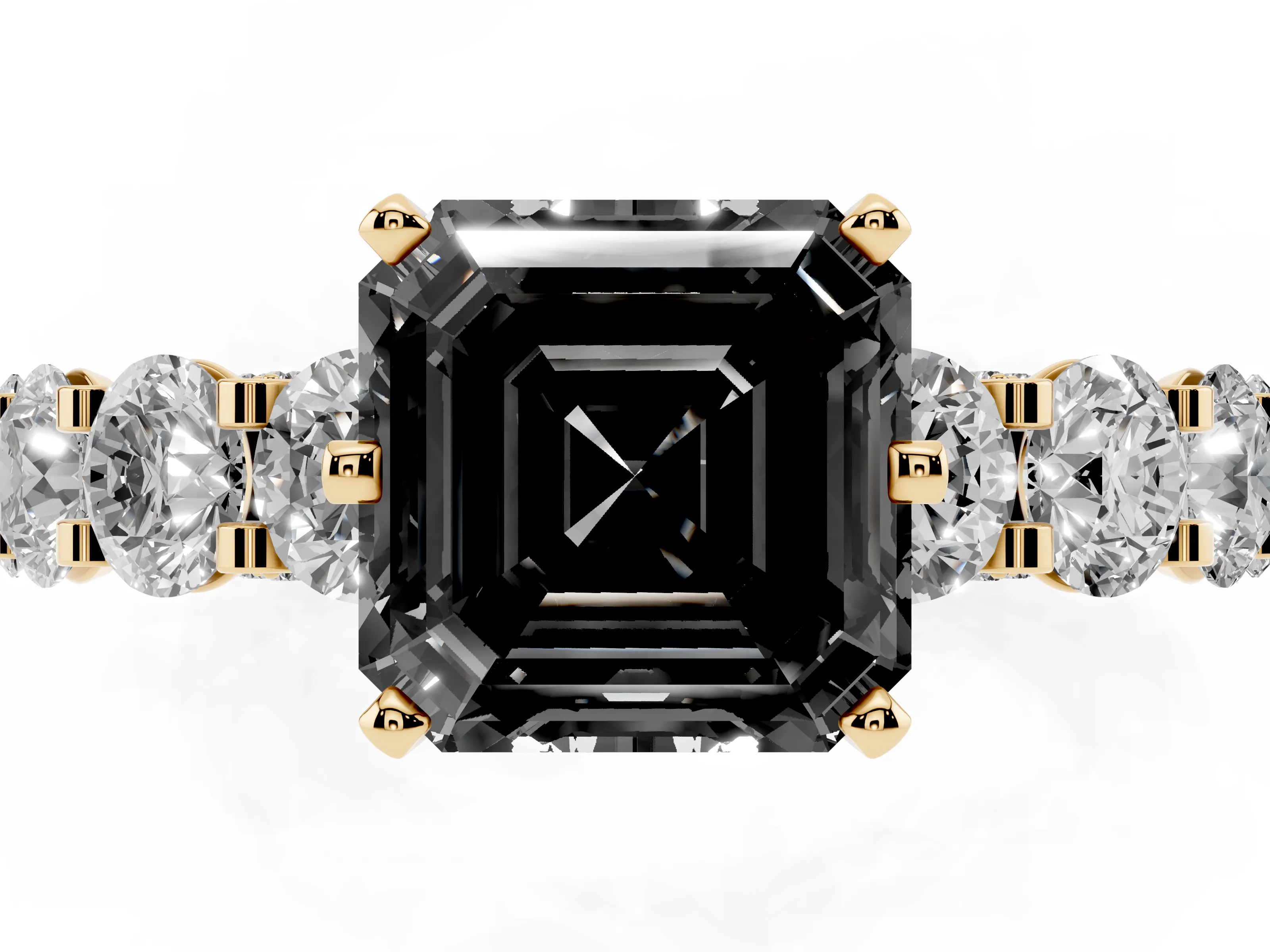 Fancy Black Asscher Cut Diamond Side Stone Ring Set in Yellow gold with Alternating Round and Oval Side Stones