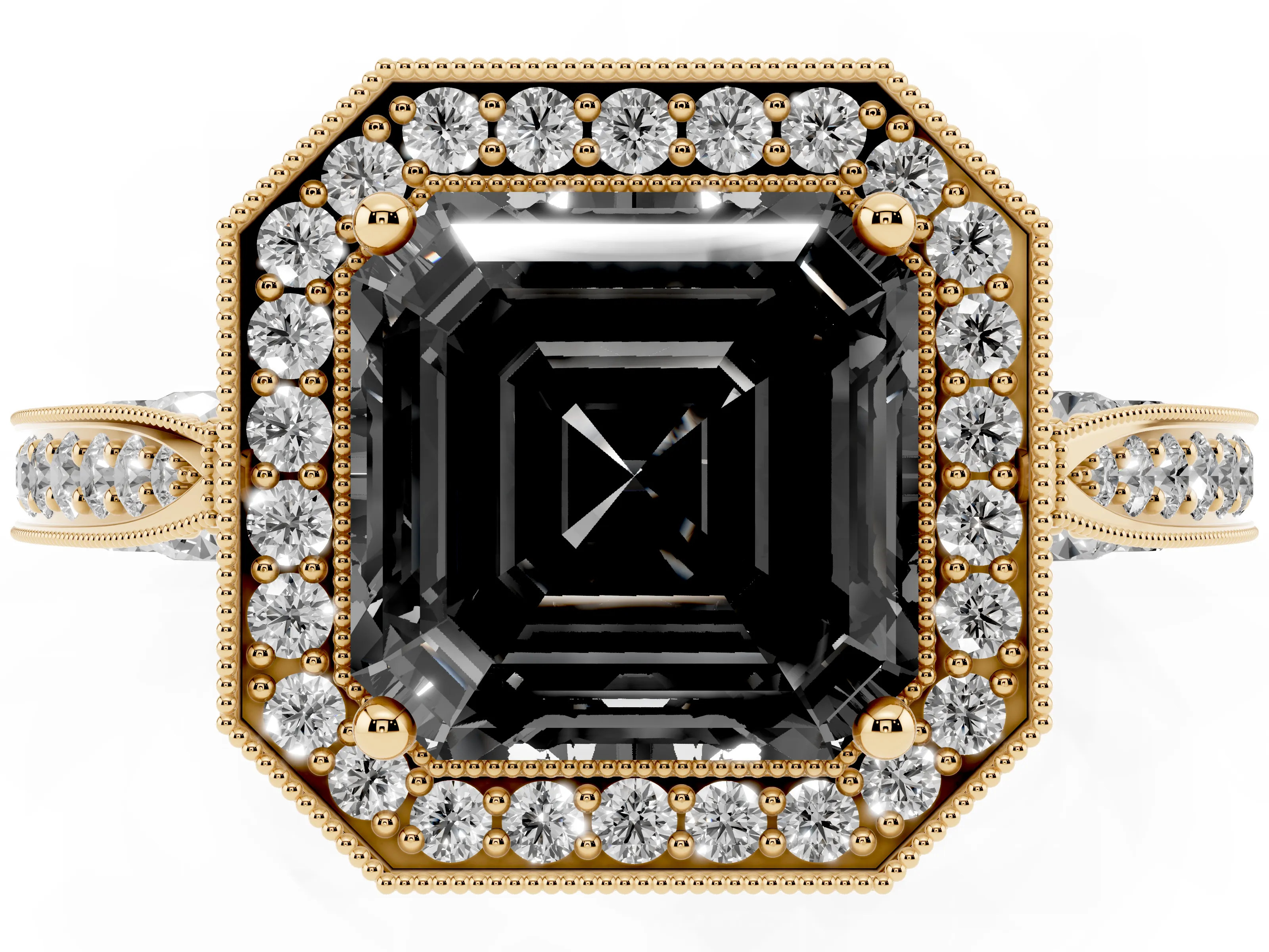 Fancy Black Asscher Cut Diamond Halo Engagement Ring Set in Yellow gold with Accent Split Shank Band
