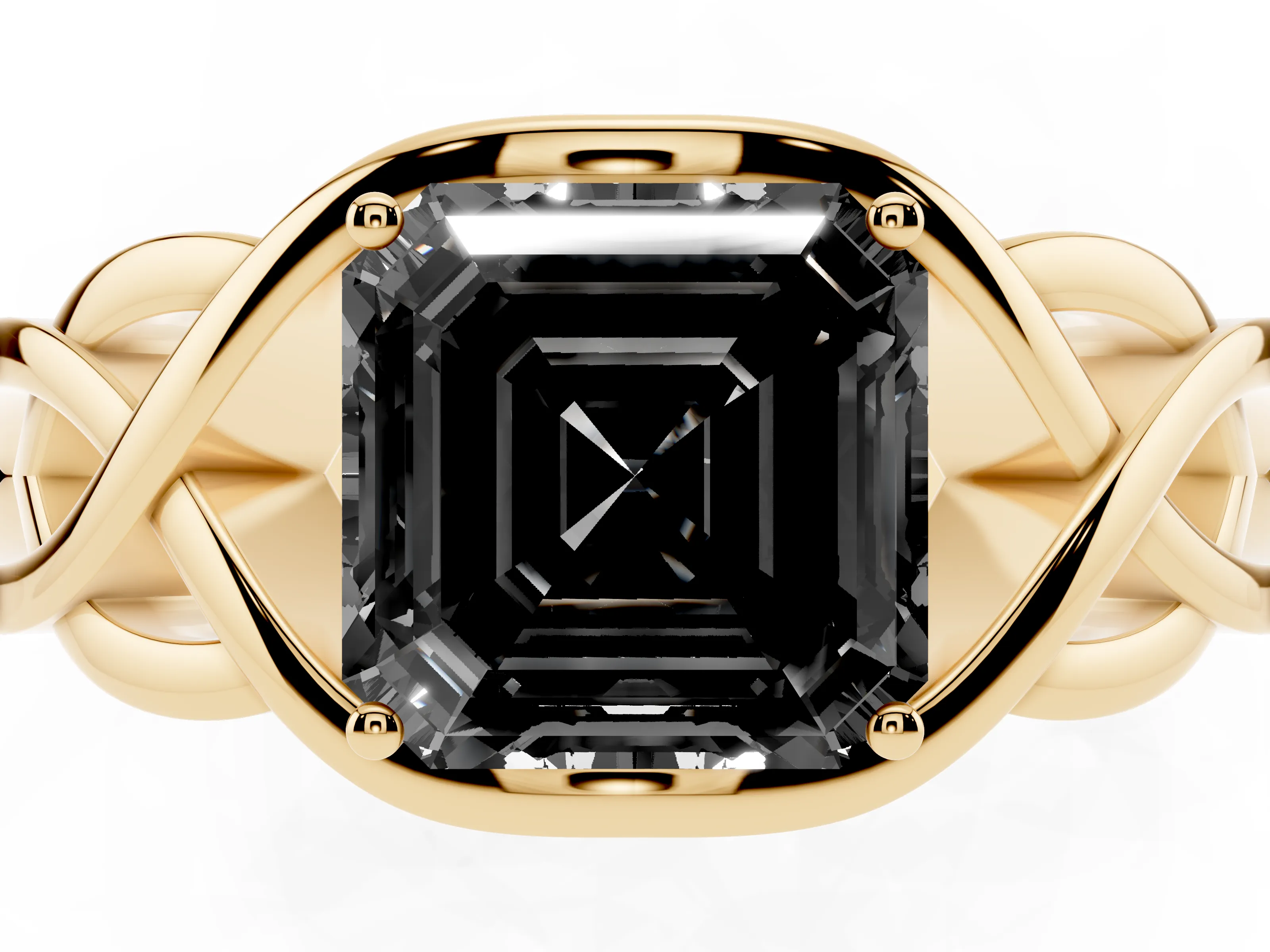 Fancy Black Asscher Cut Diamond Solitaire Ring Set in Yellow gold with Intertwined Band