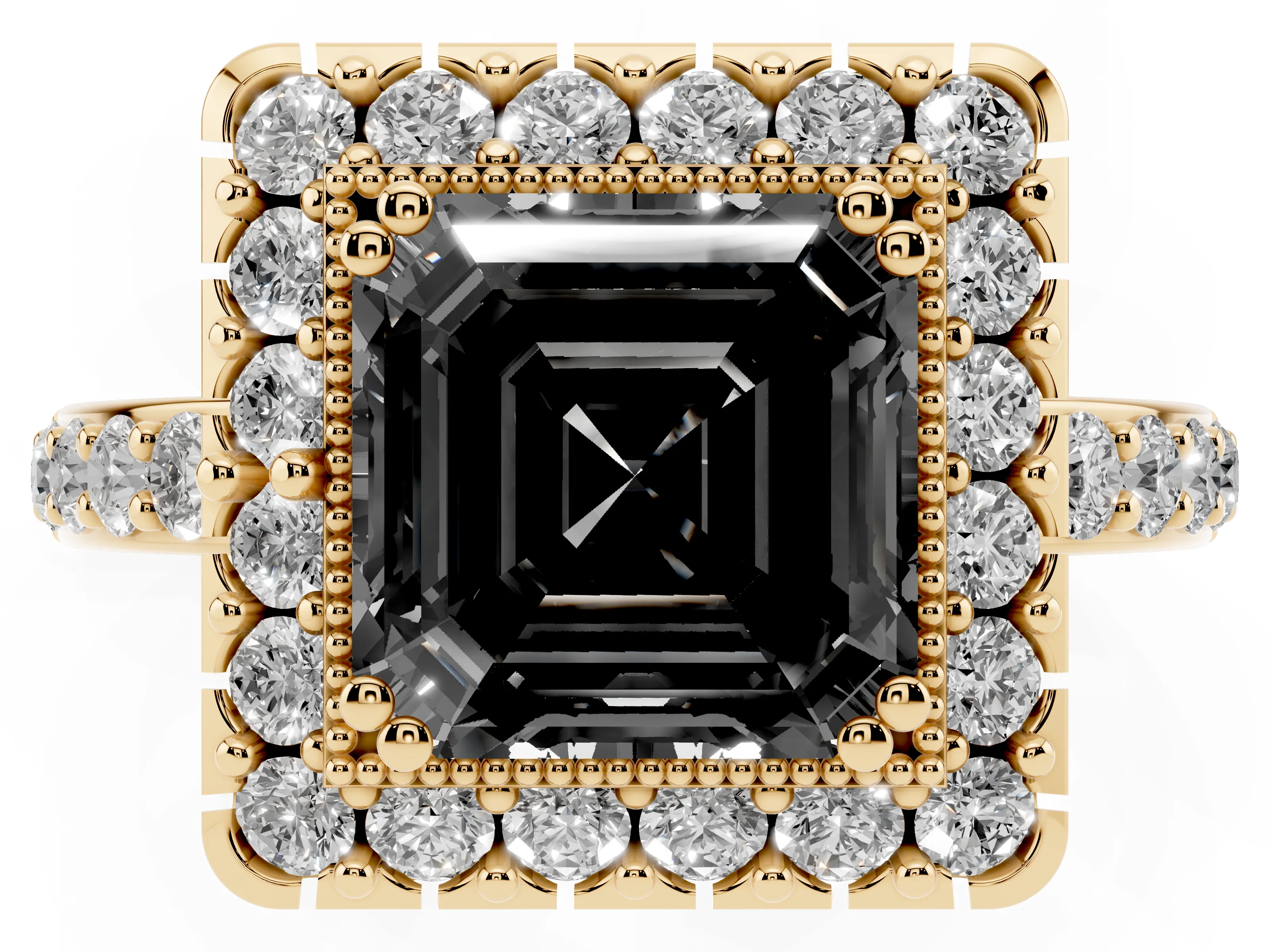 Fancy Black Asscher Cut Diamond Halo Ring Set in Yellow gold with Pavé Shank and Prong Setting