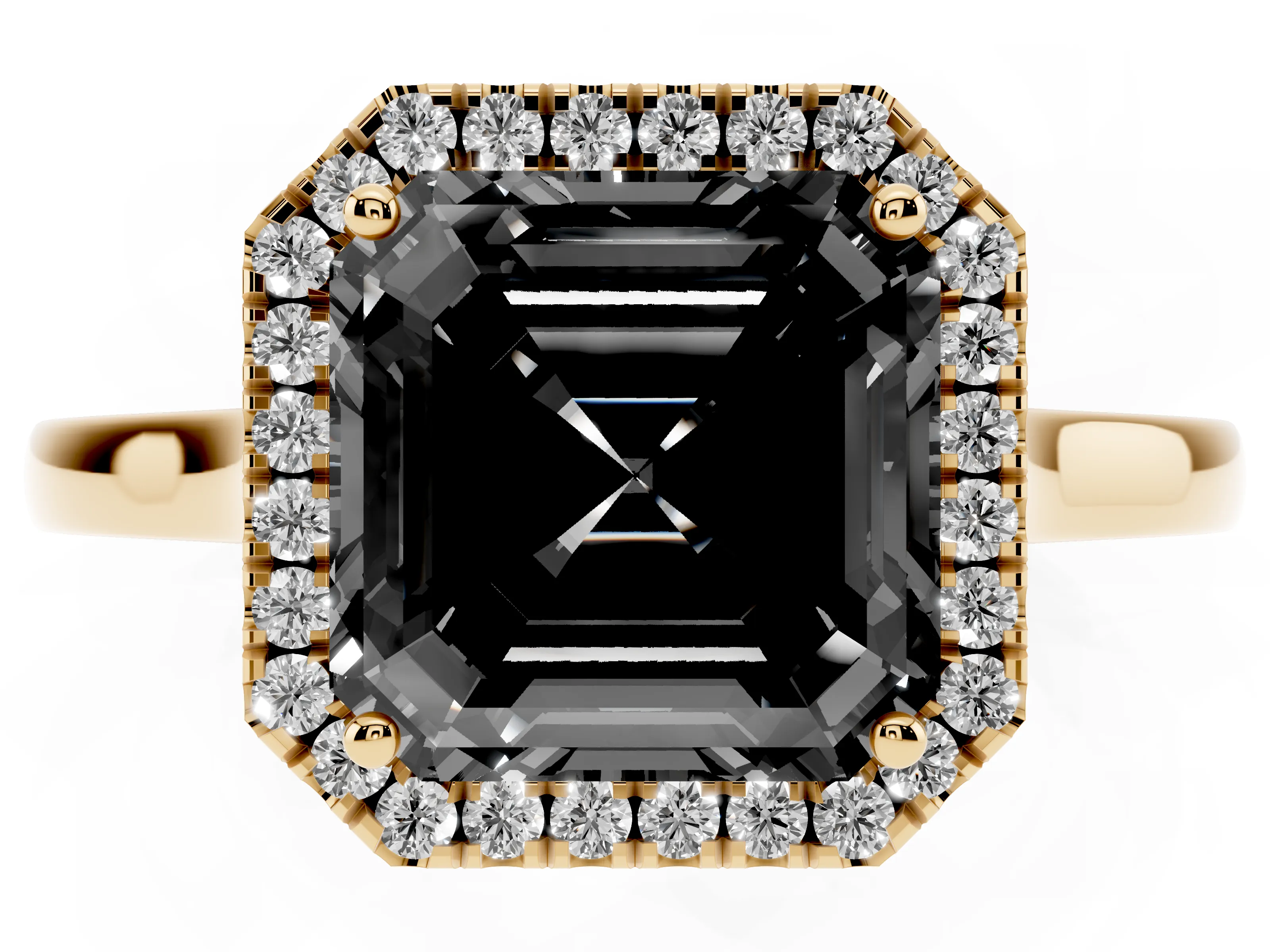 Fancy Black Asscher Cut Halo Round Diamond Solitaire Ring Set in Yellow gold with Pavé Band and Prong Setting