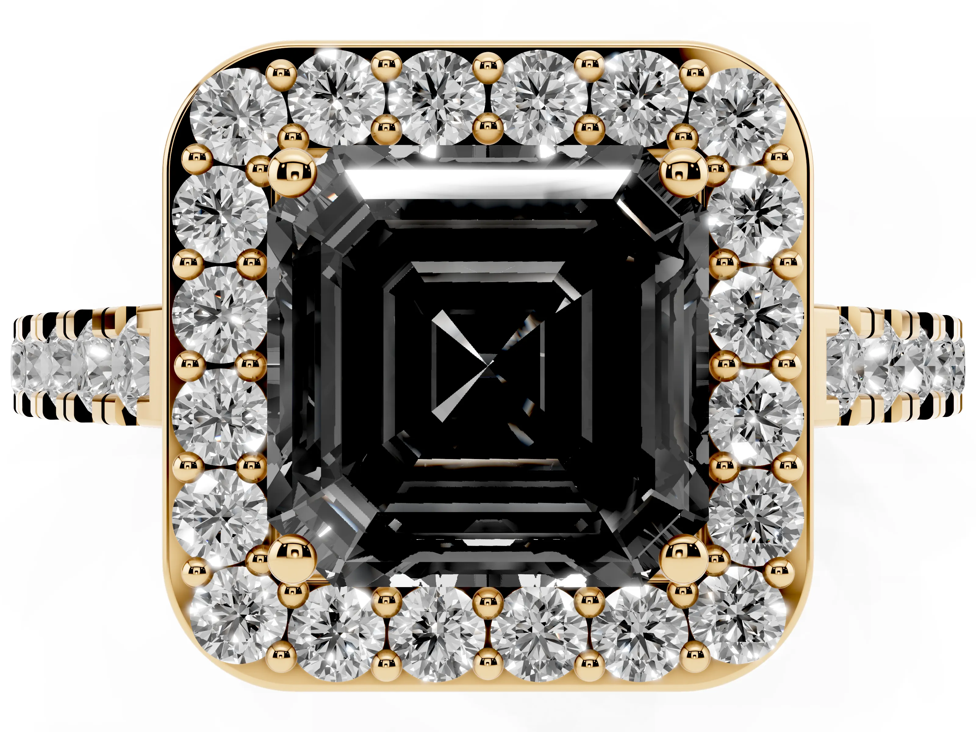Fancy Black Asscher Cut Diamond Halo Ring Set in Yellow gold with Round Pavé Split Shank and Prong Setting