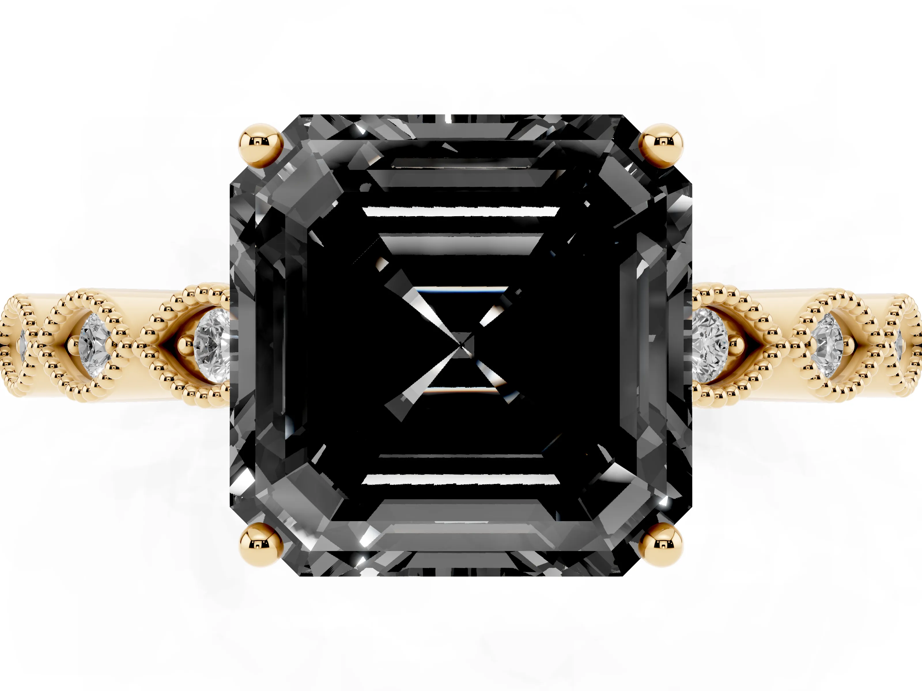 Fancy Black Asscher Cut Diamond Solitaire Ring Set in Yellow gold with Infinity Twist Pavé Band