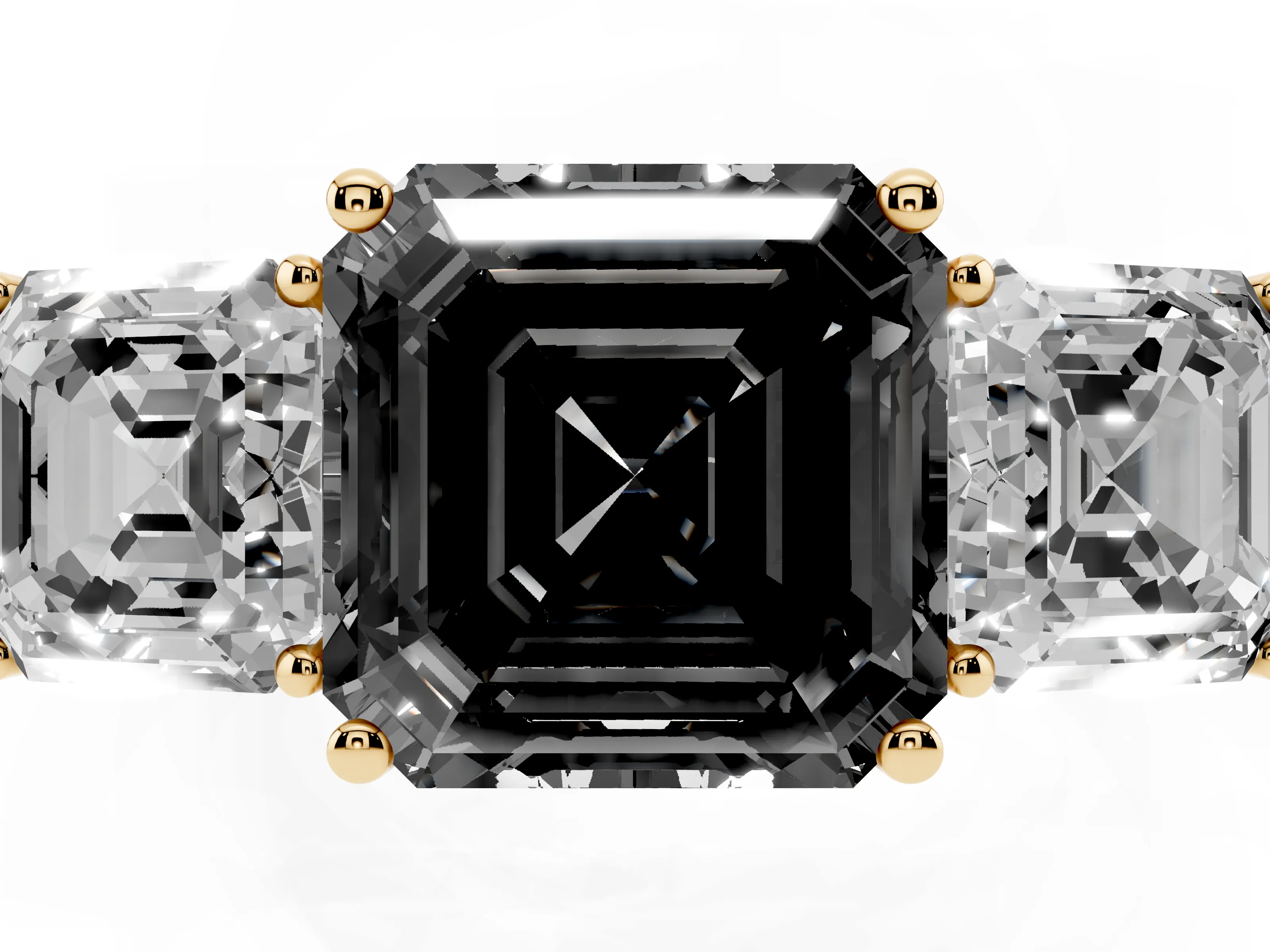 Fancy Black Asscher Cut Diamond Three-Stone Engagement Ring Set in Yellow gold with Flat Band