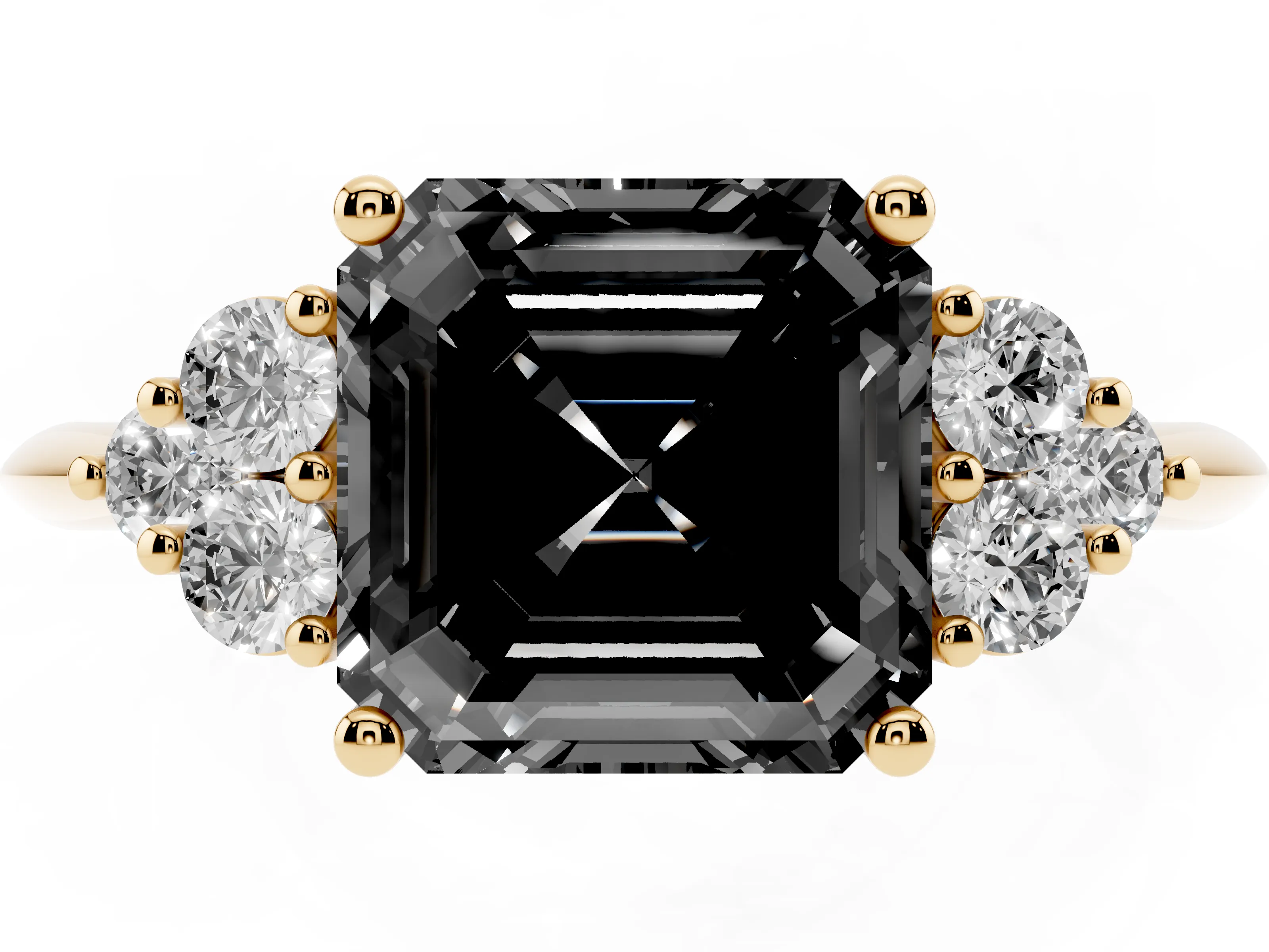 Fancy Black Asscher Cut Diamond Cluster Ring Set in Yellow gold with Plain Band and Prong Setting