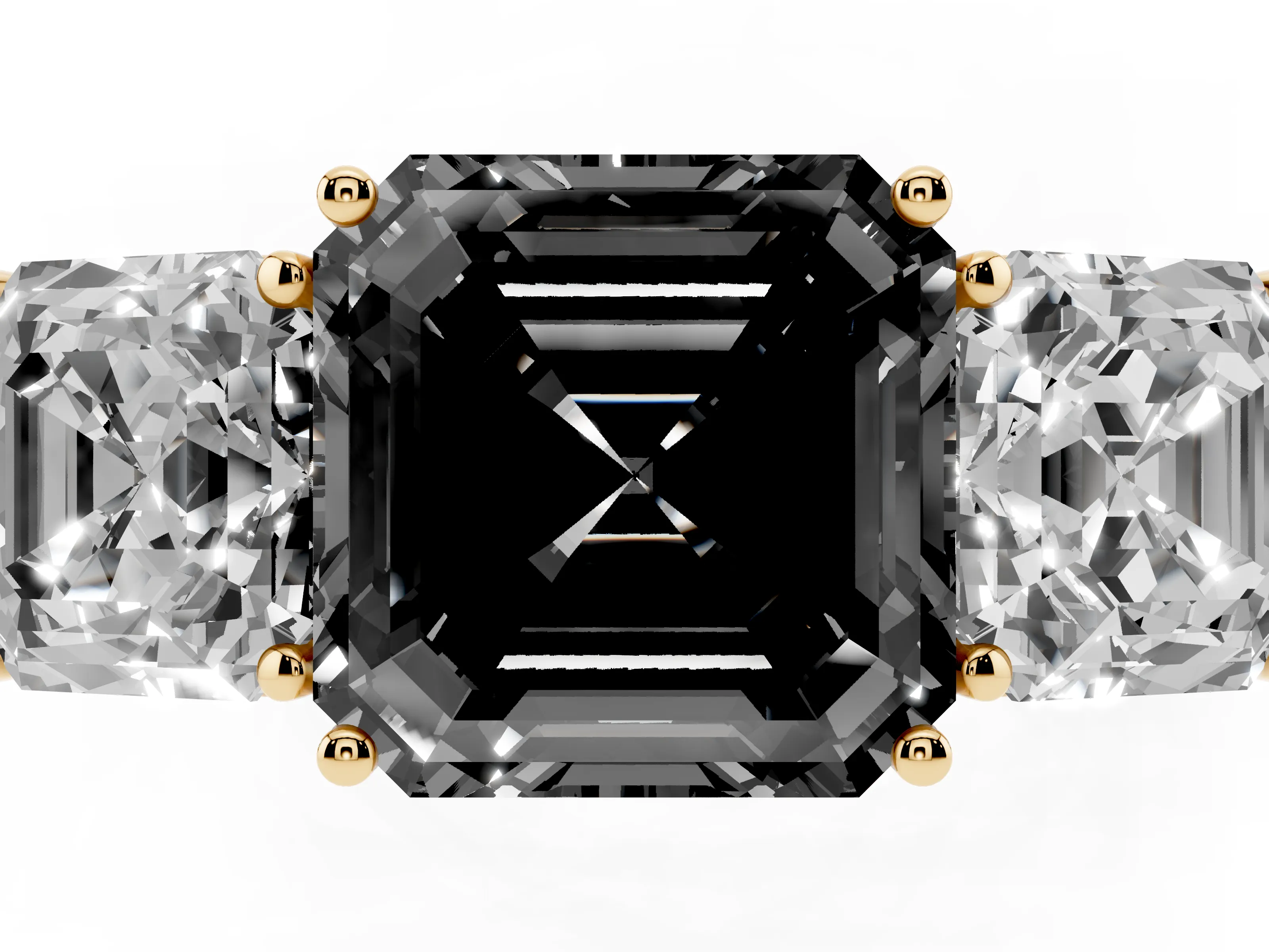 Fancy Black Asscher Cut Diamond Three-Stone Ring Set in Yellow gold with Textured Band