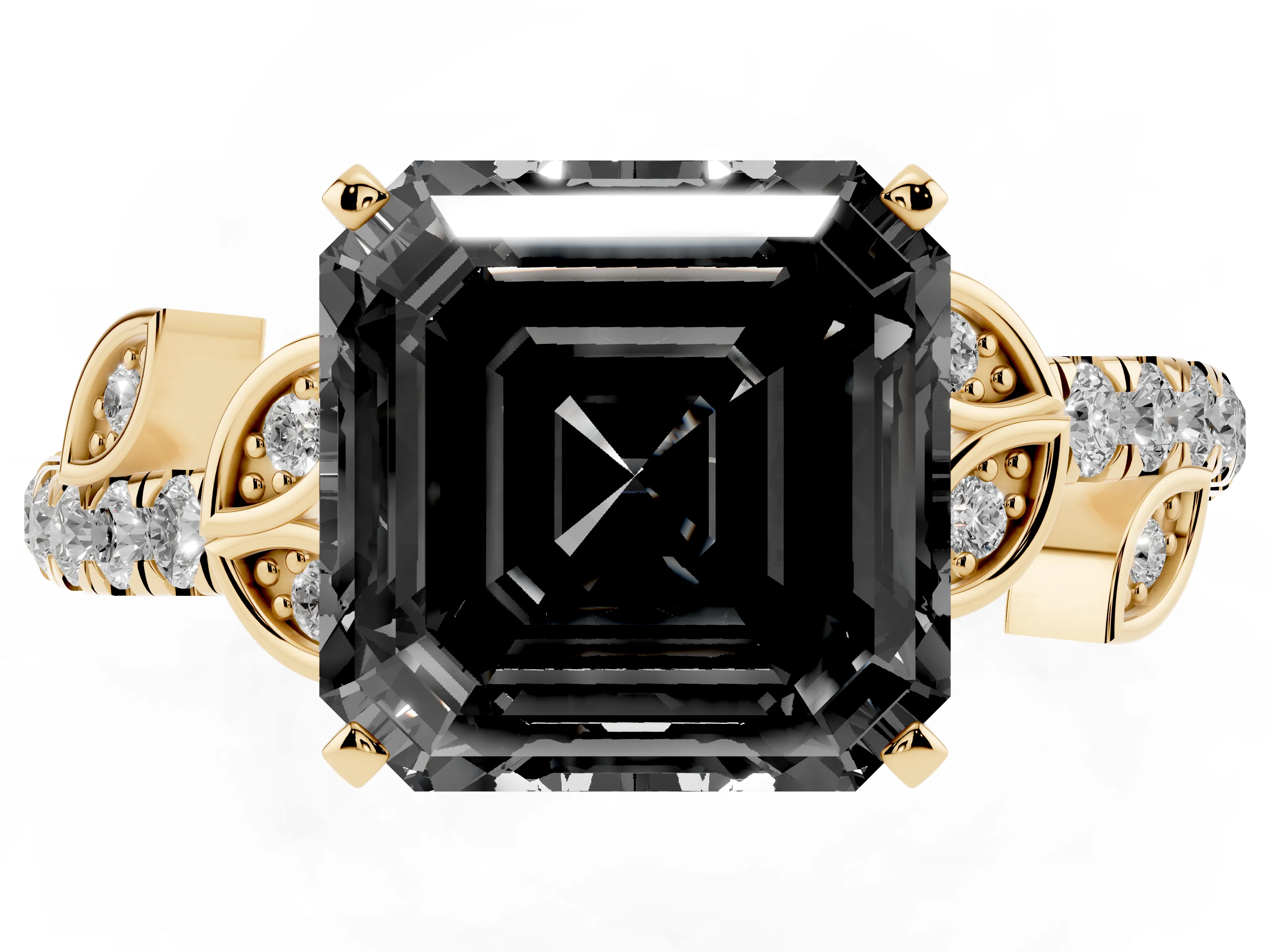 Fancy Black Asscher Cut Diamond Solitaire Leaf-Inspired Ring Set in Yellow gold with Pavé Band and Prong Setting