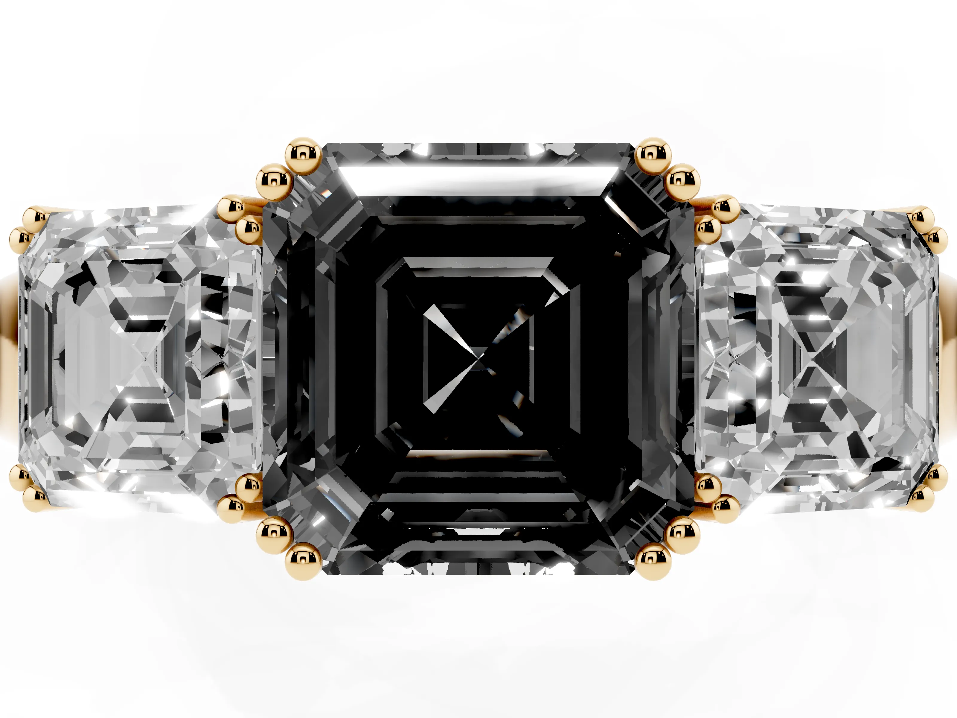 Fancy Black Asscher Cut Diamond Three-Stone Ring Set in Yellow gold with Polished Band and Prong Setting