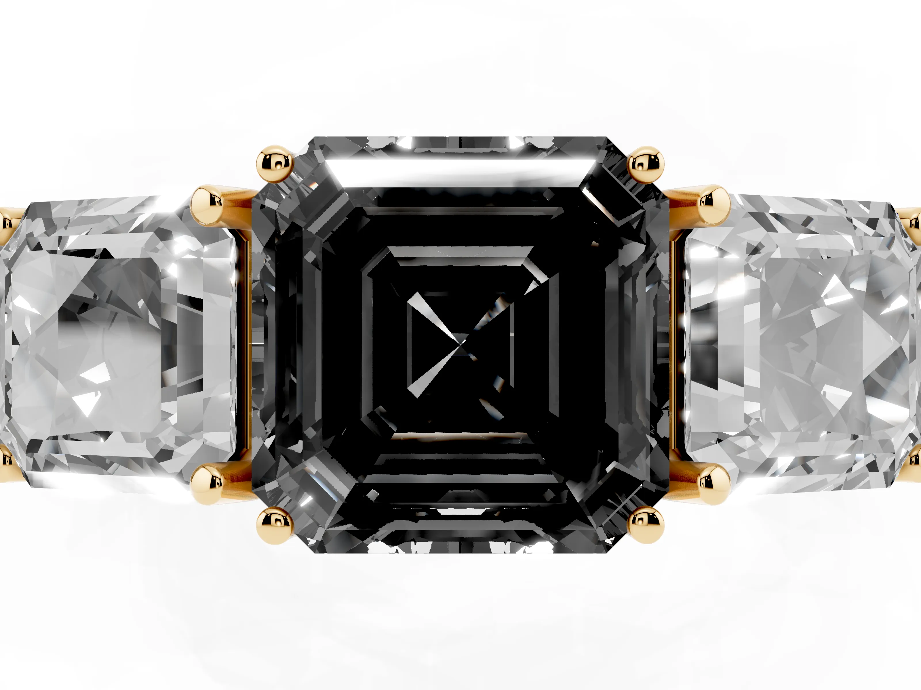 Fancy Black Asscher Cut Diamond Three-Stone Engagement Ring Set in Yellow gold with Milgrain Pavé Band