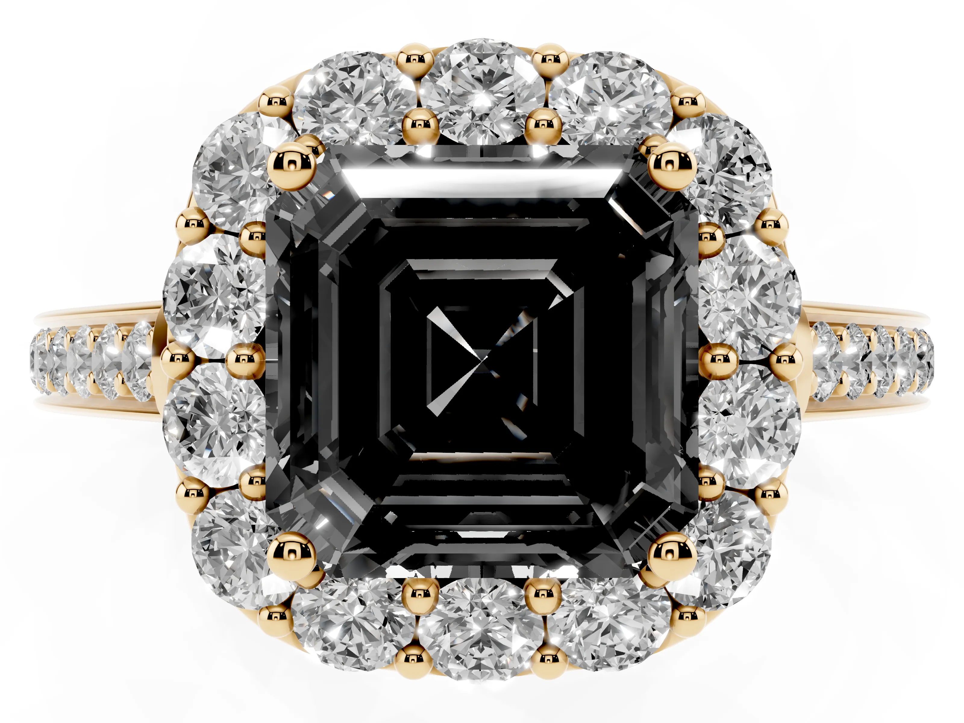 Fancy Black Asscher Cut Diamond Floral Halo Ring Set in Yellow gold with Pavé Band and Prong Setting
