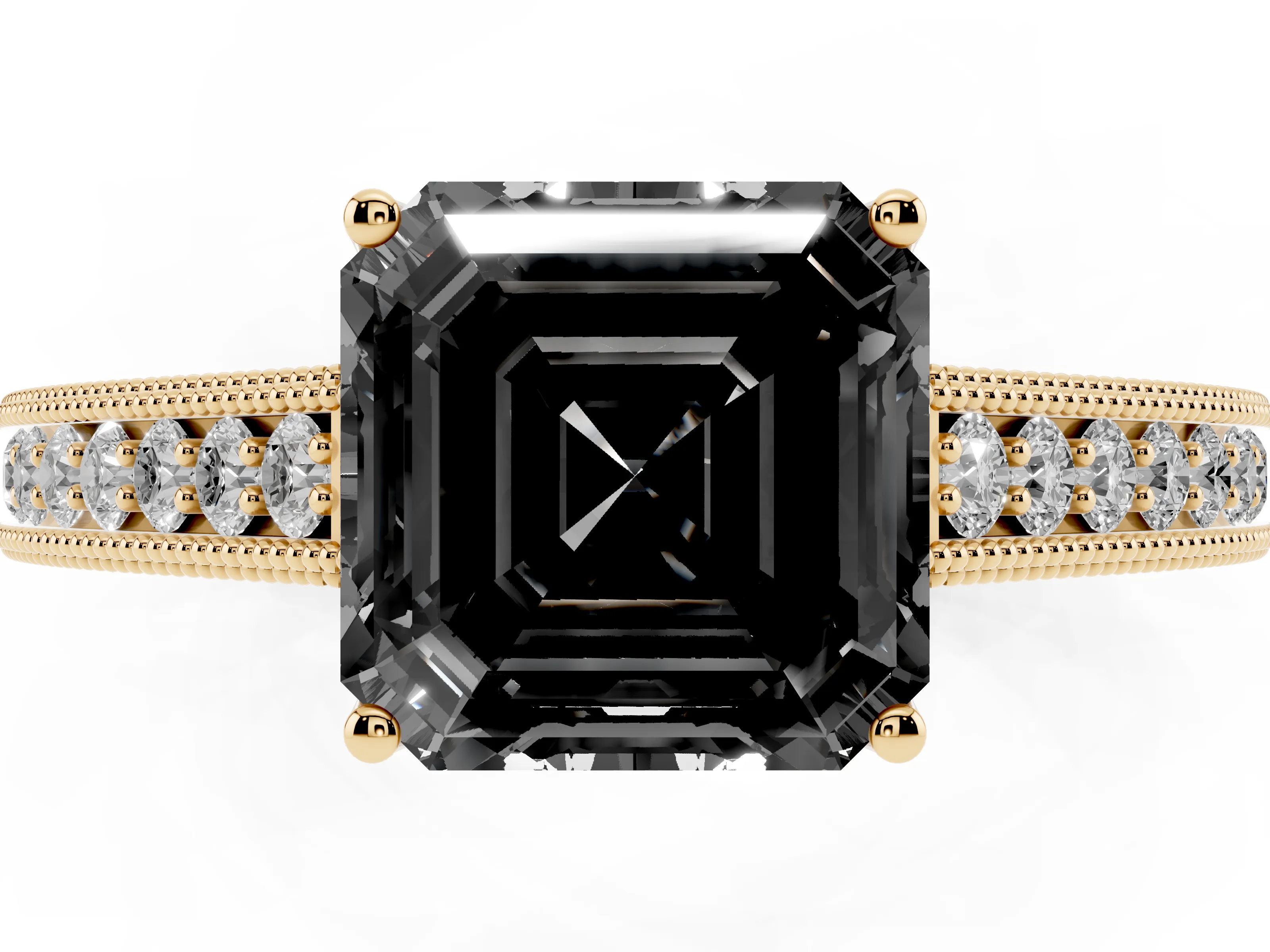 Fancy Black Asscher Cut Diamond Milgrain Pavé Band Solitaire Ring Set in Yellow gold with Prong Setting