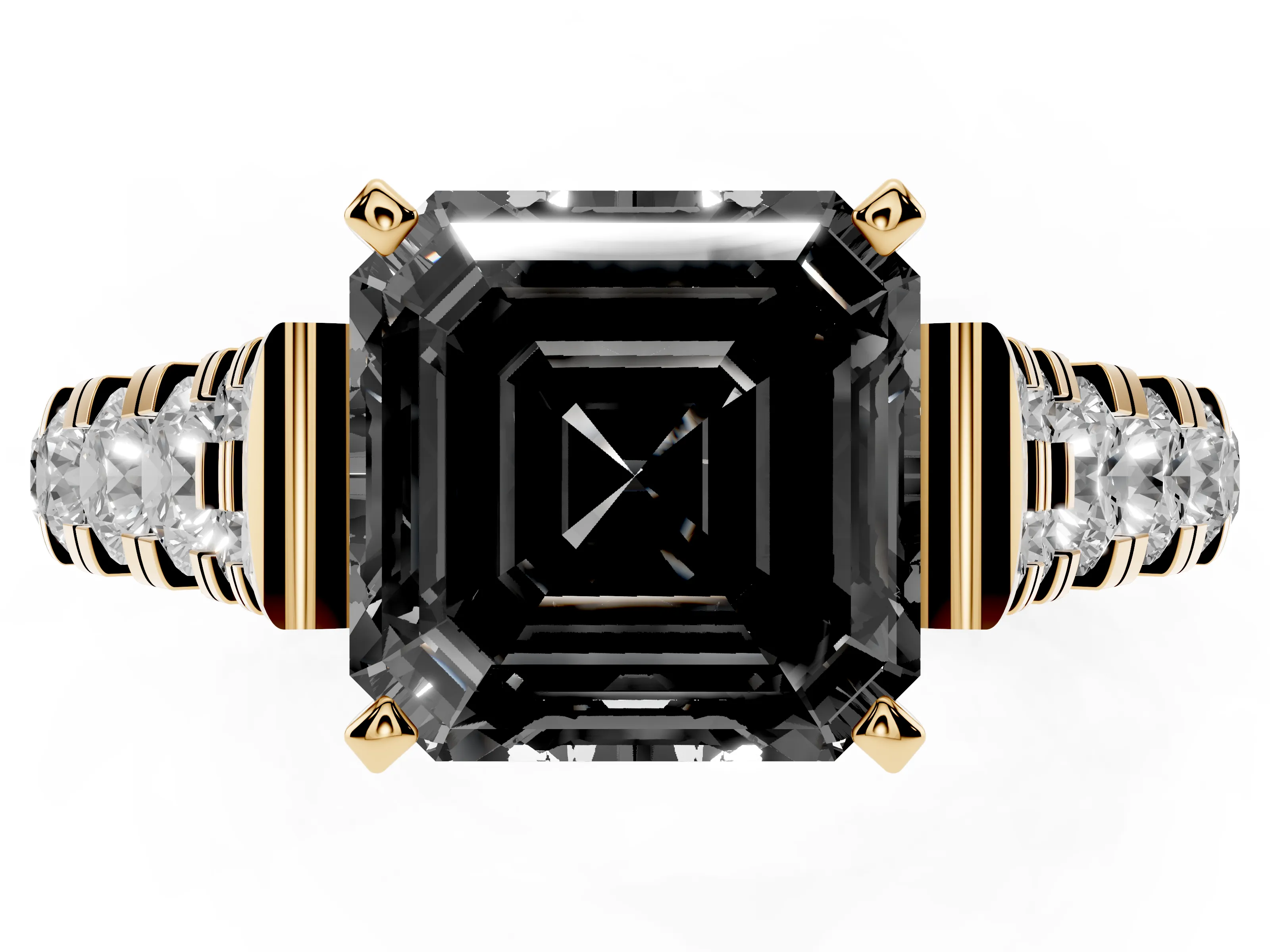Fancy Black Asscher Cut Diamond Classic Solitaire Ring Set in Yellow gold with Pavé Band and Prong Setting