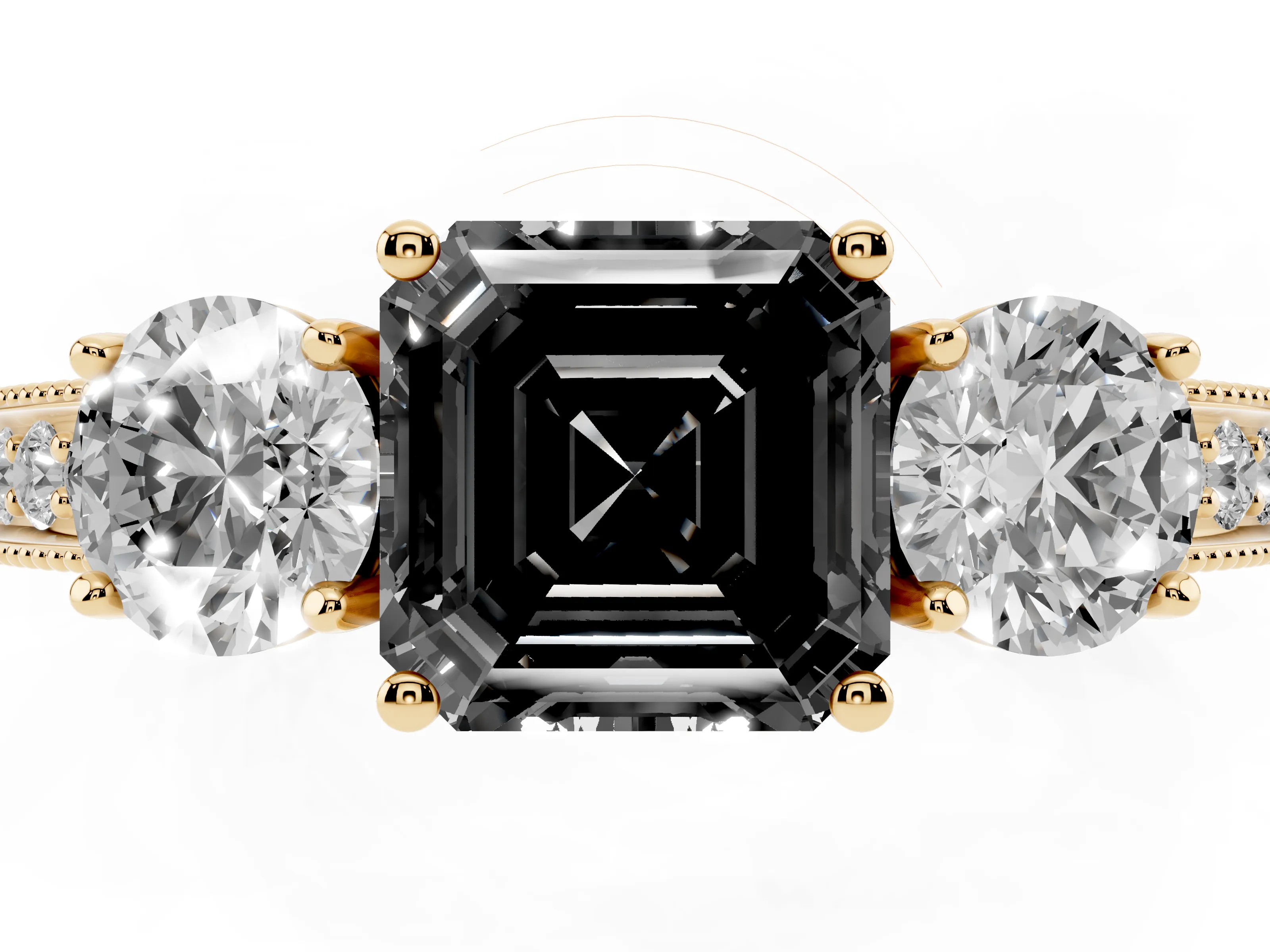 Fancy Black Asscher Cut Diamond Three-Stone Ring Set in Yellow gold with Round Side Stones and Pavé Band