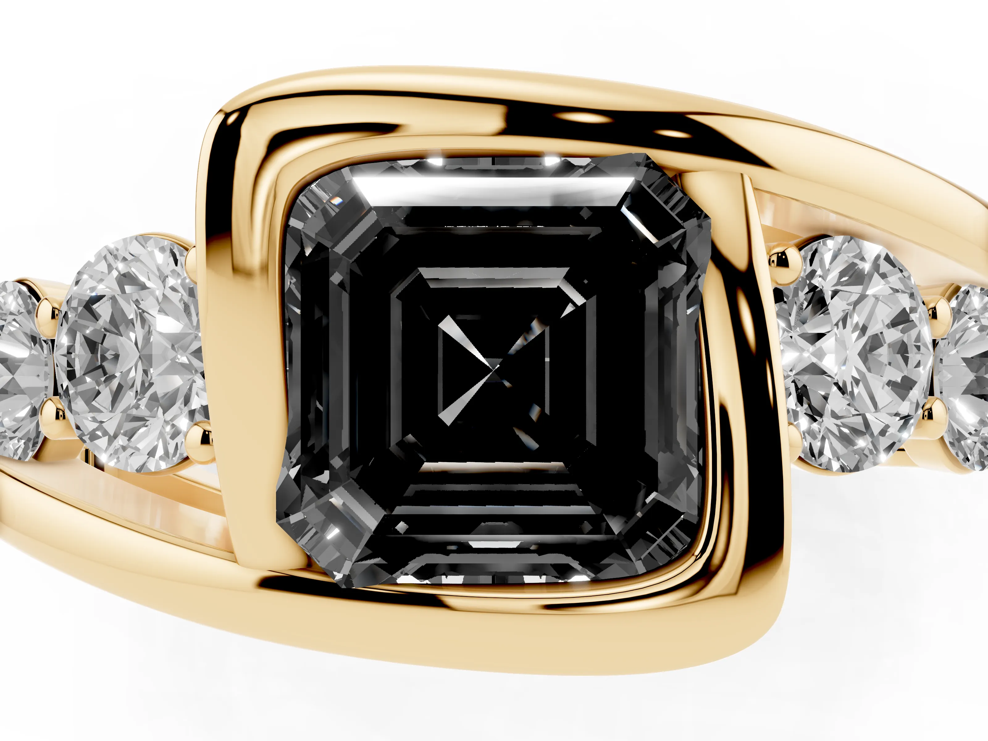 Fancy Black Asscher Cut Diamond Bezel Bypass Ring Set in Yellow gold with Round Accents