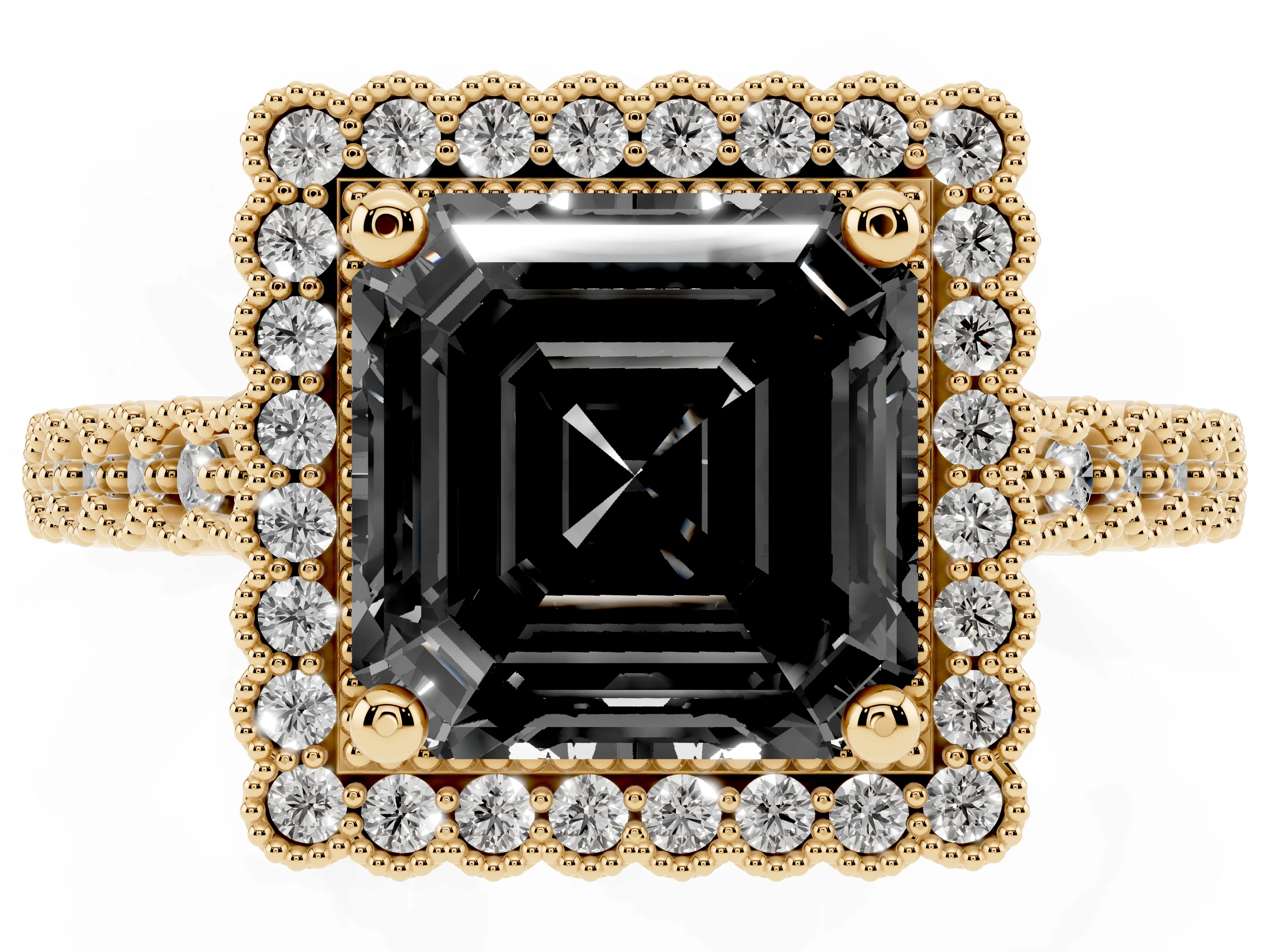 Fancy Black Asscher Cut Diamond Halo Ring Set in Yellow gold with Pavé Milgrain Band