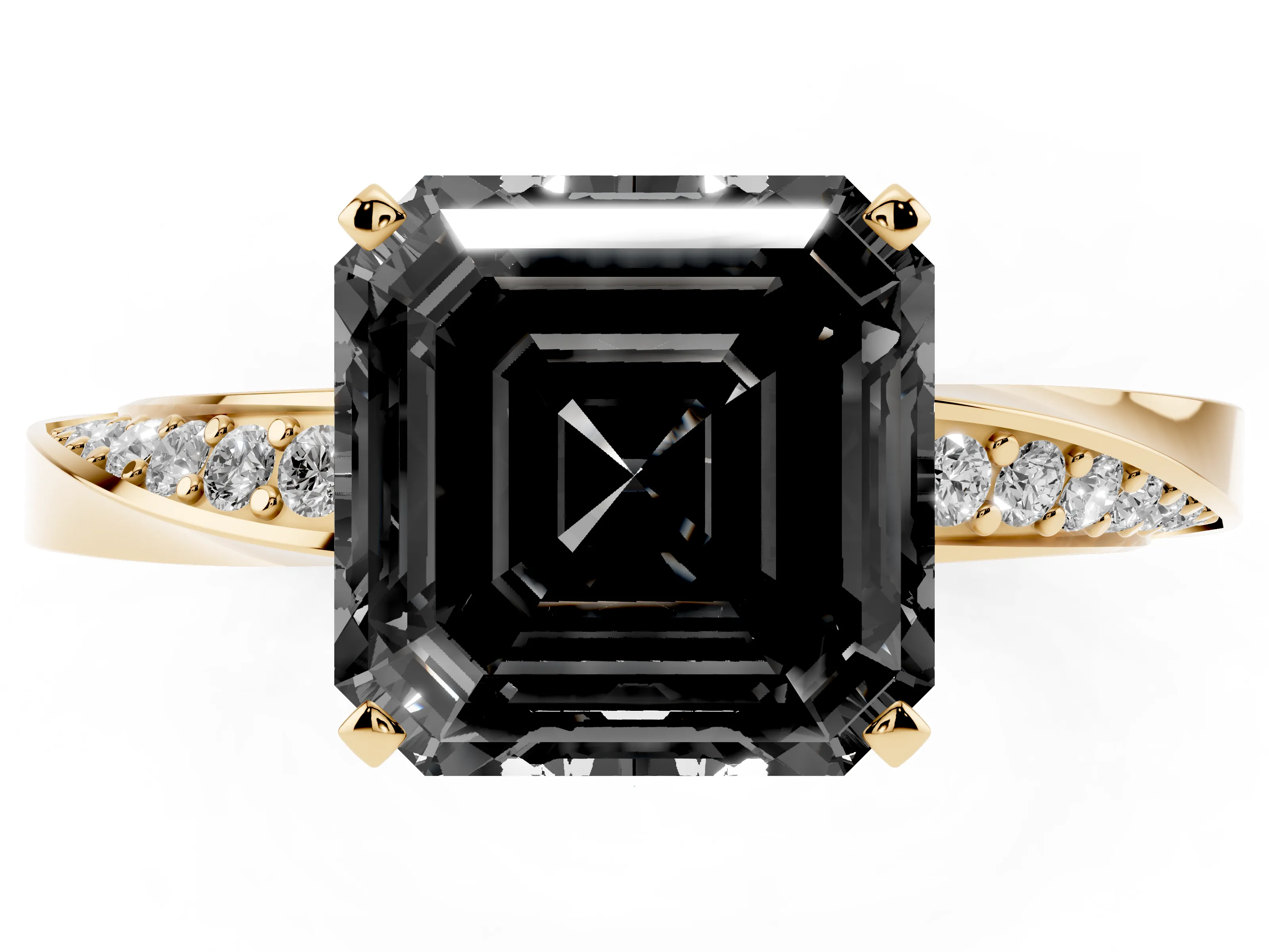 Fancy Black Asscher Cut Diamond Engagement Ring Set in Yellow gold with Side Stone Accents and Prong Setting