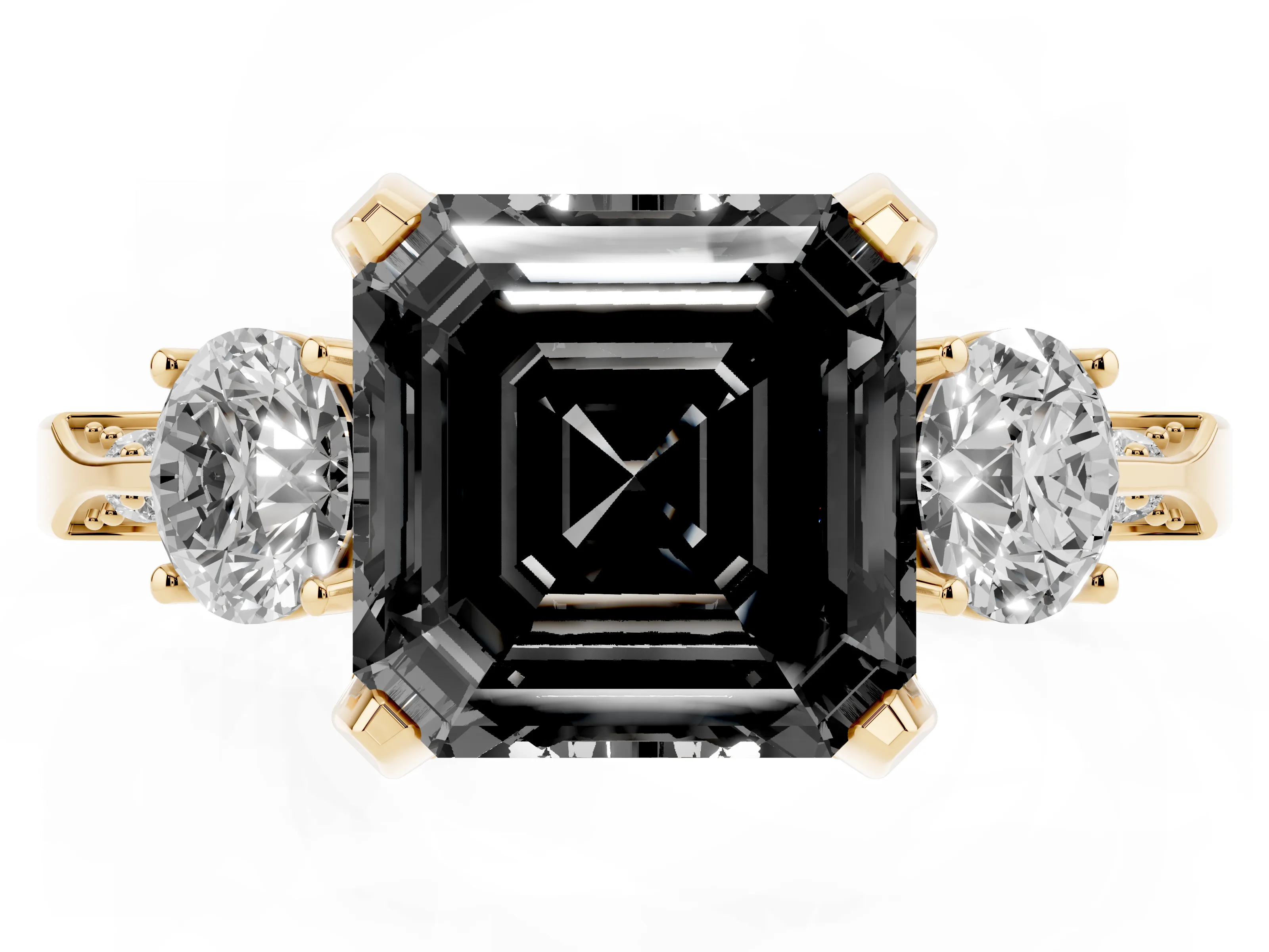 Fancy Black Asscher Cut Diamond Three-Stone Ring Set in Yellow gold with Pavé Band and Smaller Side Stones