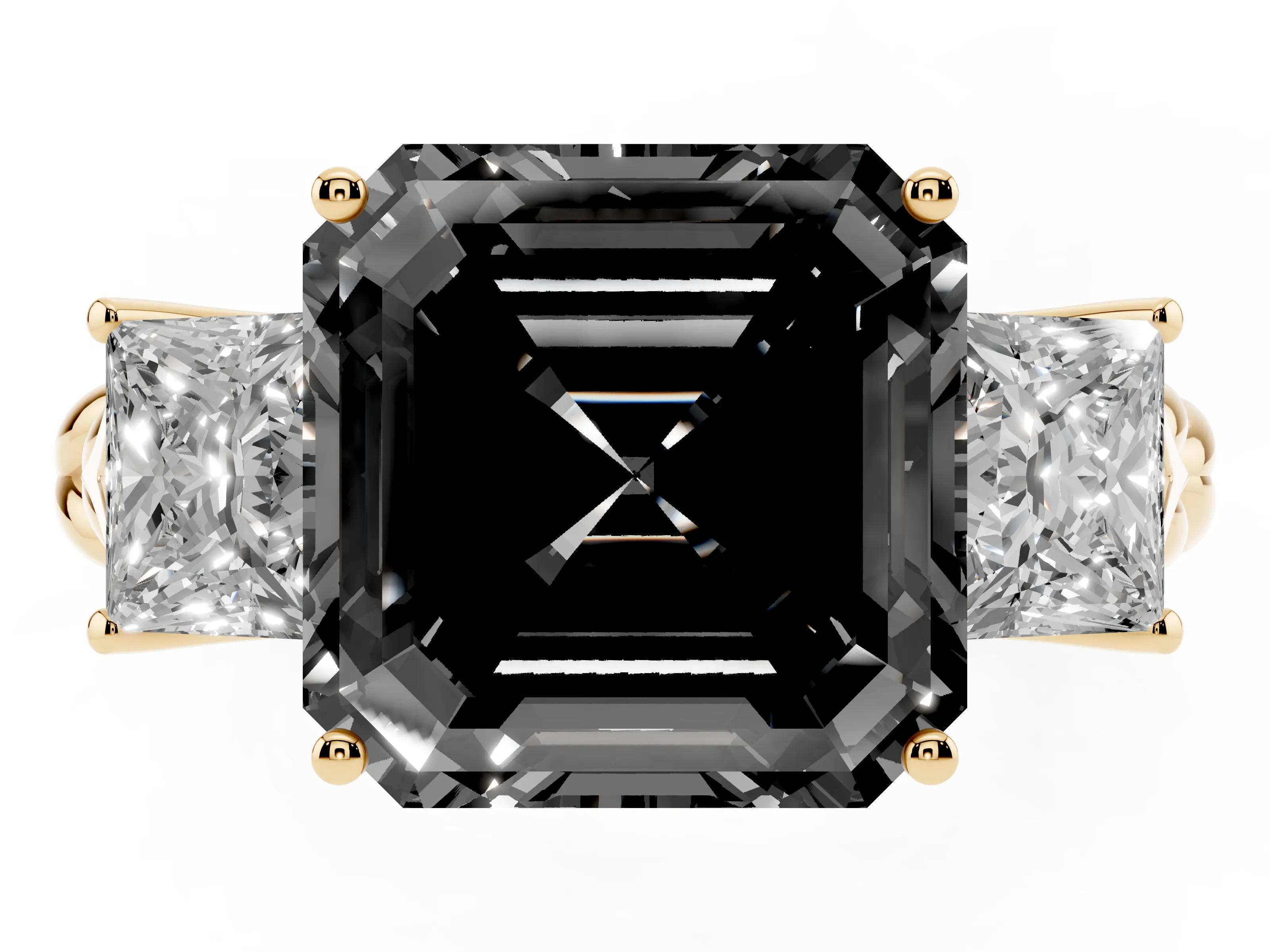 Fancy Black Asscher Cut Diamond Three-Stone Ring Set in Yellow gold with Braided Band