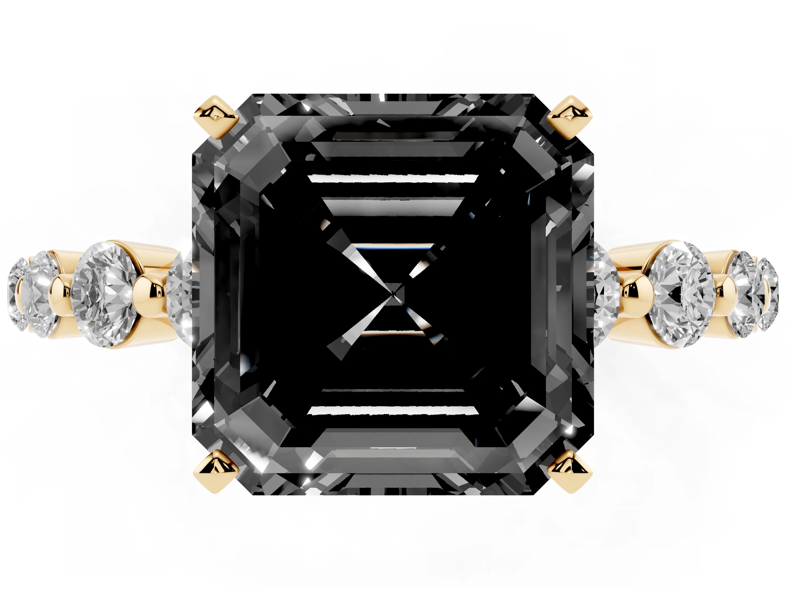 Fancy Black Asscher Cut Diamond Solitaire Ring Set in Yellow gold with Pavé Band and Prong Setting