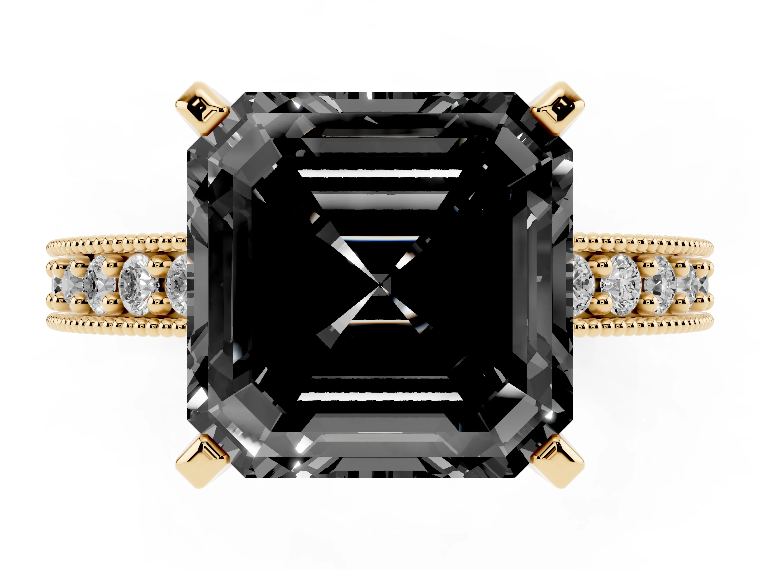 Fancy Black Asscher Cut Diamond Milgrain Pavé Engagement Ring Set in Yellow gold with Prong Setting