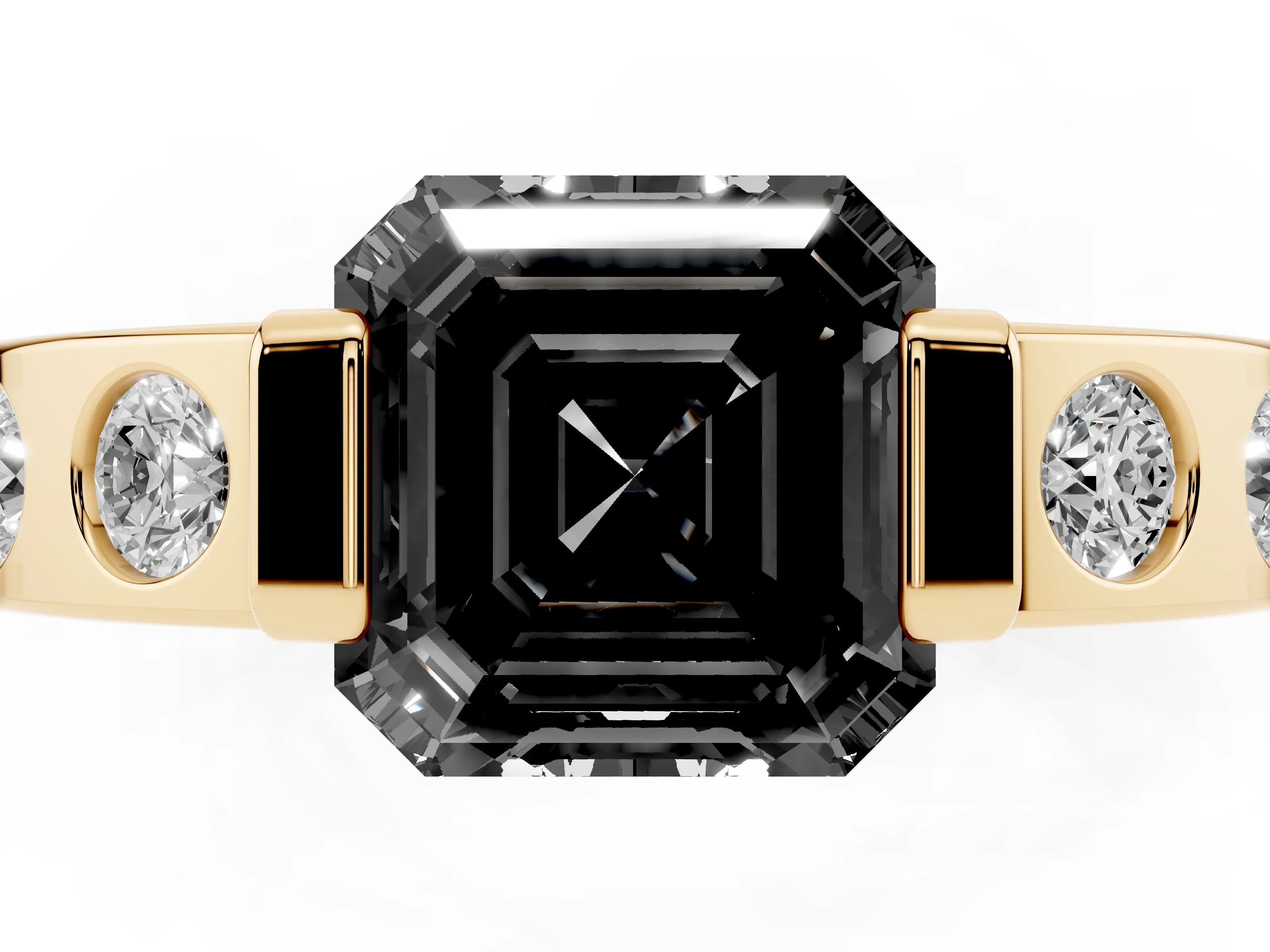 Fancy Black Asscher Cut Diamond Channel-Set Band Ring Set in Yellow gold with Bezel Prong Setting