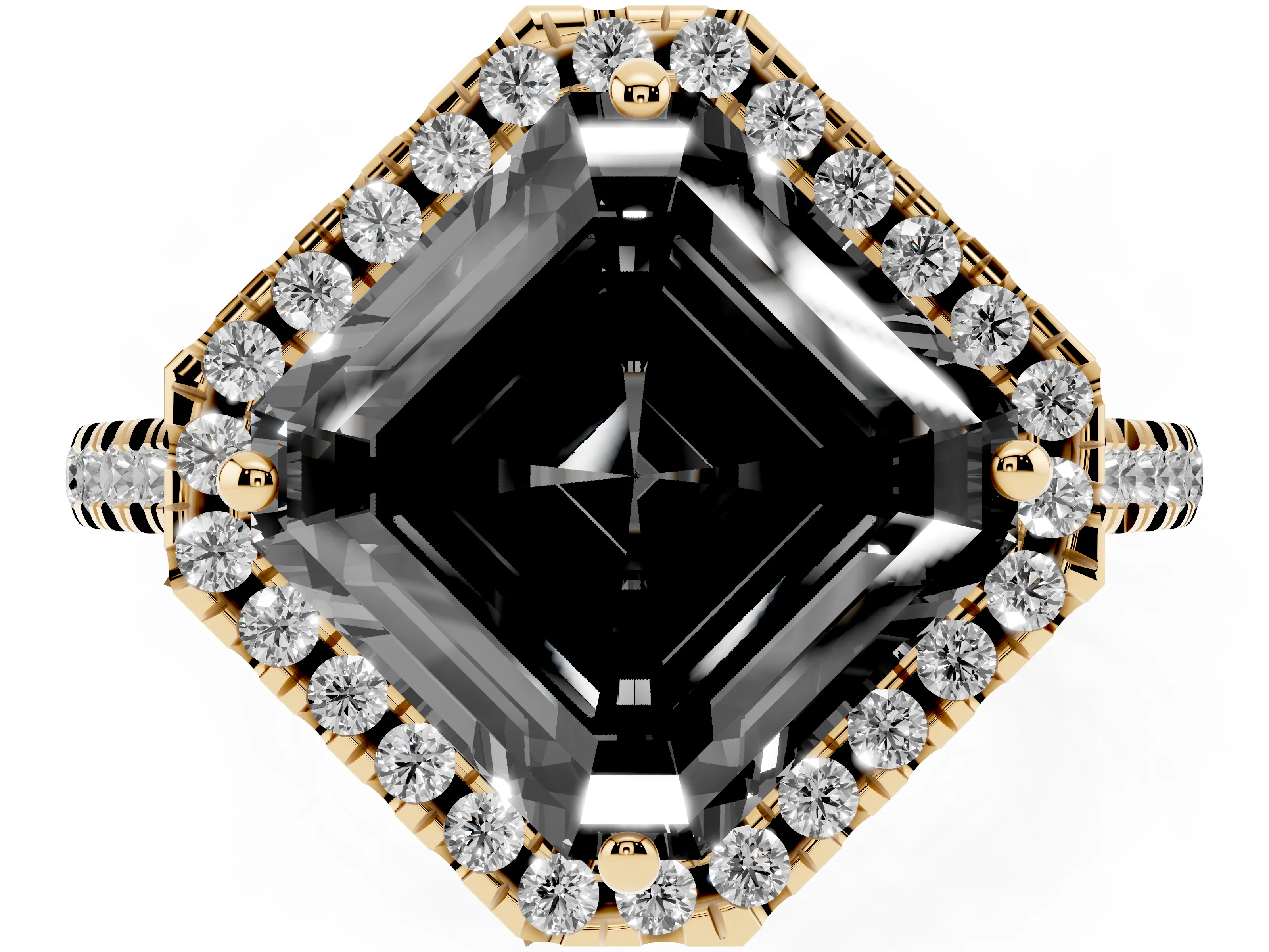 Fancy Black Asscher Cut Diamond Cushion Halo Ring Set in Yellow gold with Pavé Band