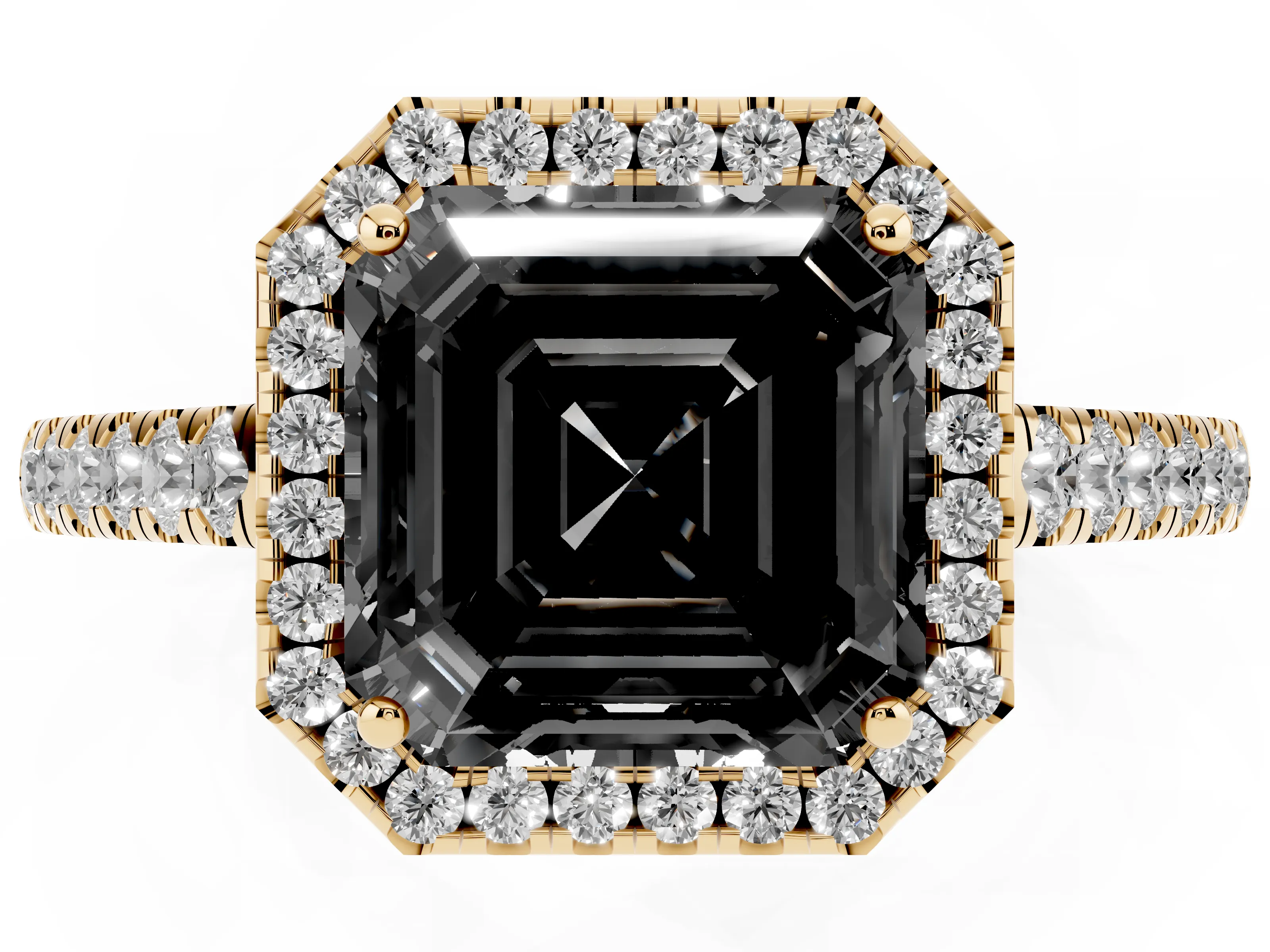 Fancy Black Asscher Cut Diamond Halo Pavé Engagement Ring Set in Yellow gold with Prong Setting