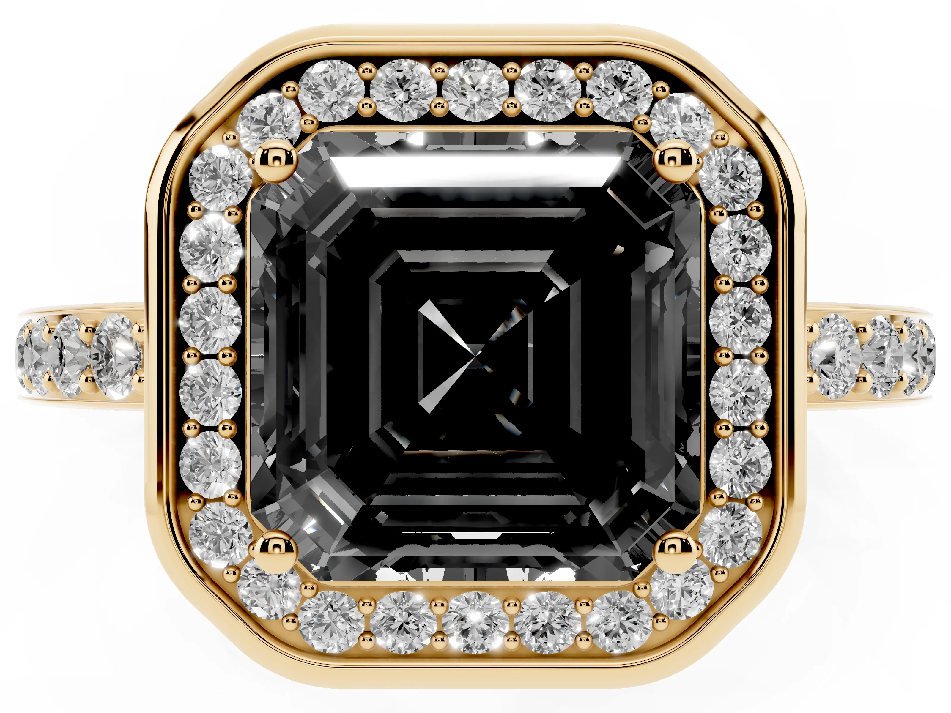 Fancy Black Asscher Cut Diamond Halo Ring Set in Yellow gold with Bezel Frame and Pavé Band