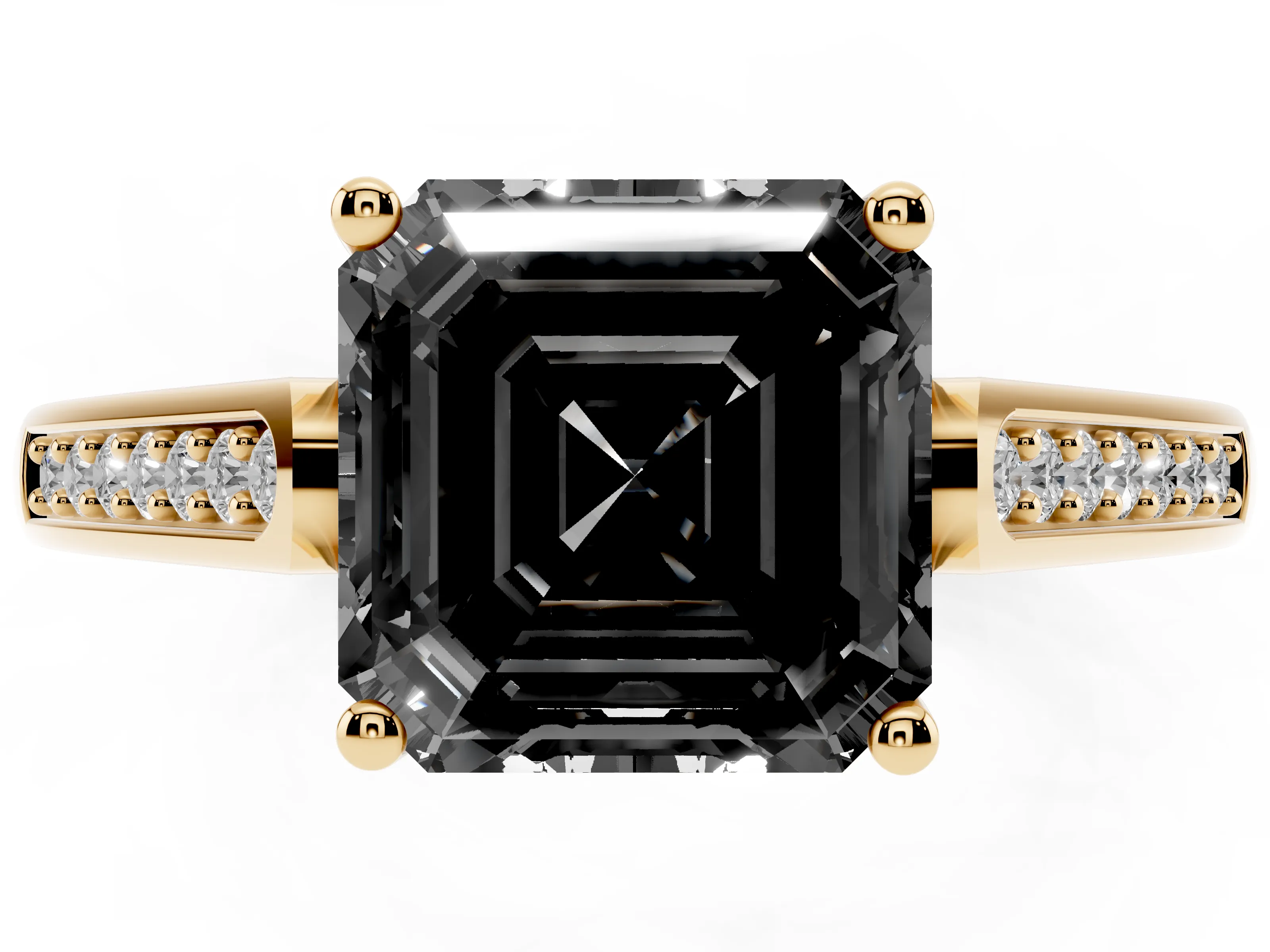 Fancy Black Asscher Cut Diamond Solitaire Cathedral Engagement Ring Set in Yellow gold with Channel-Set Band and Prong Setting