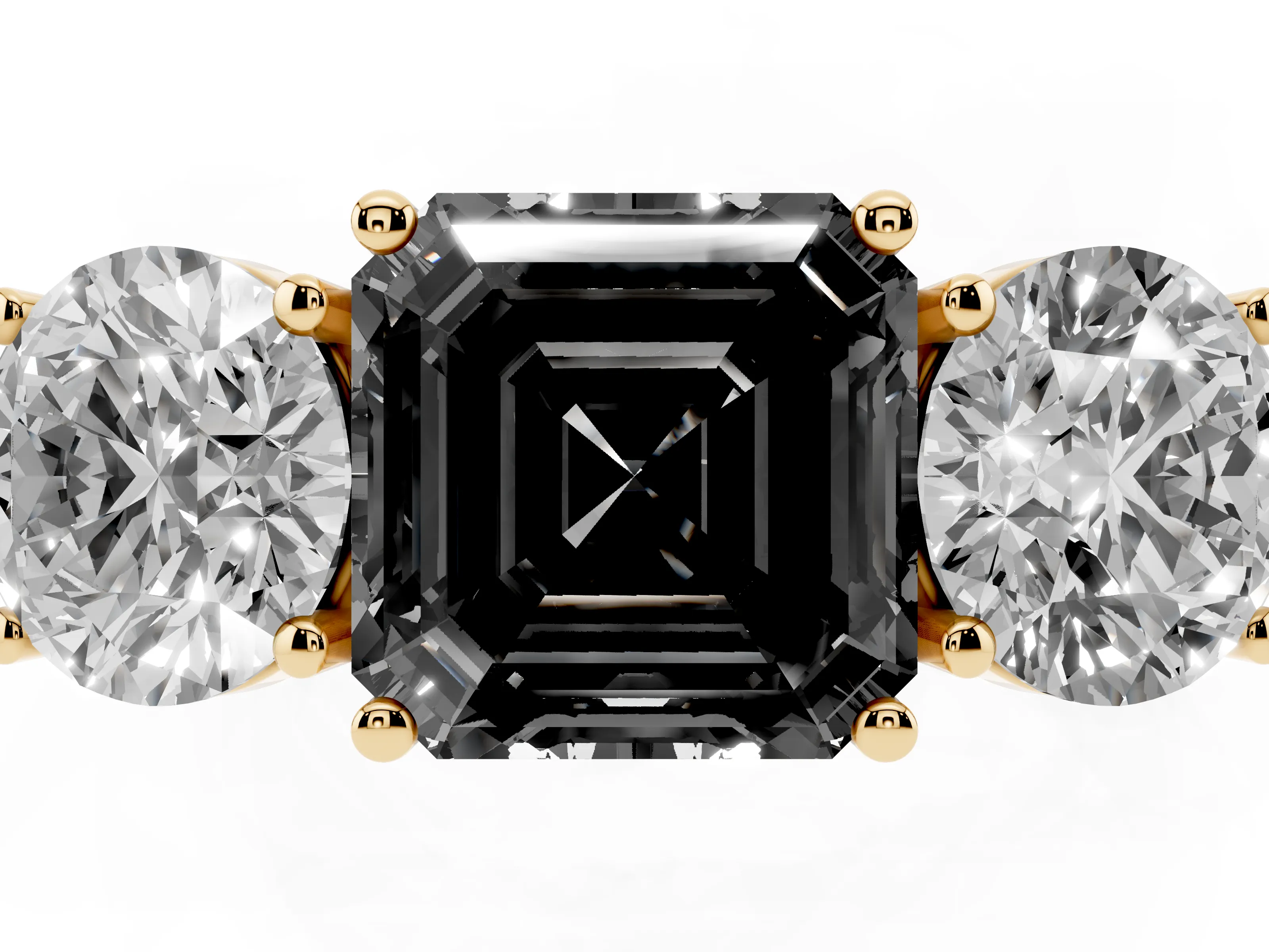 Fancy Black Asscher Cut Diamond Three-Stone Ring Set in Yellow gold with Channel-Set Accent Band