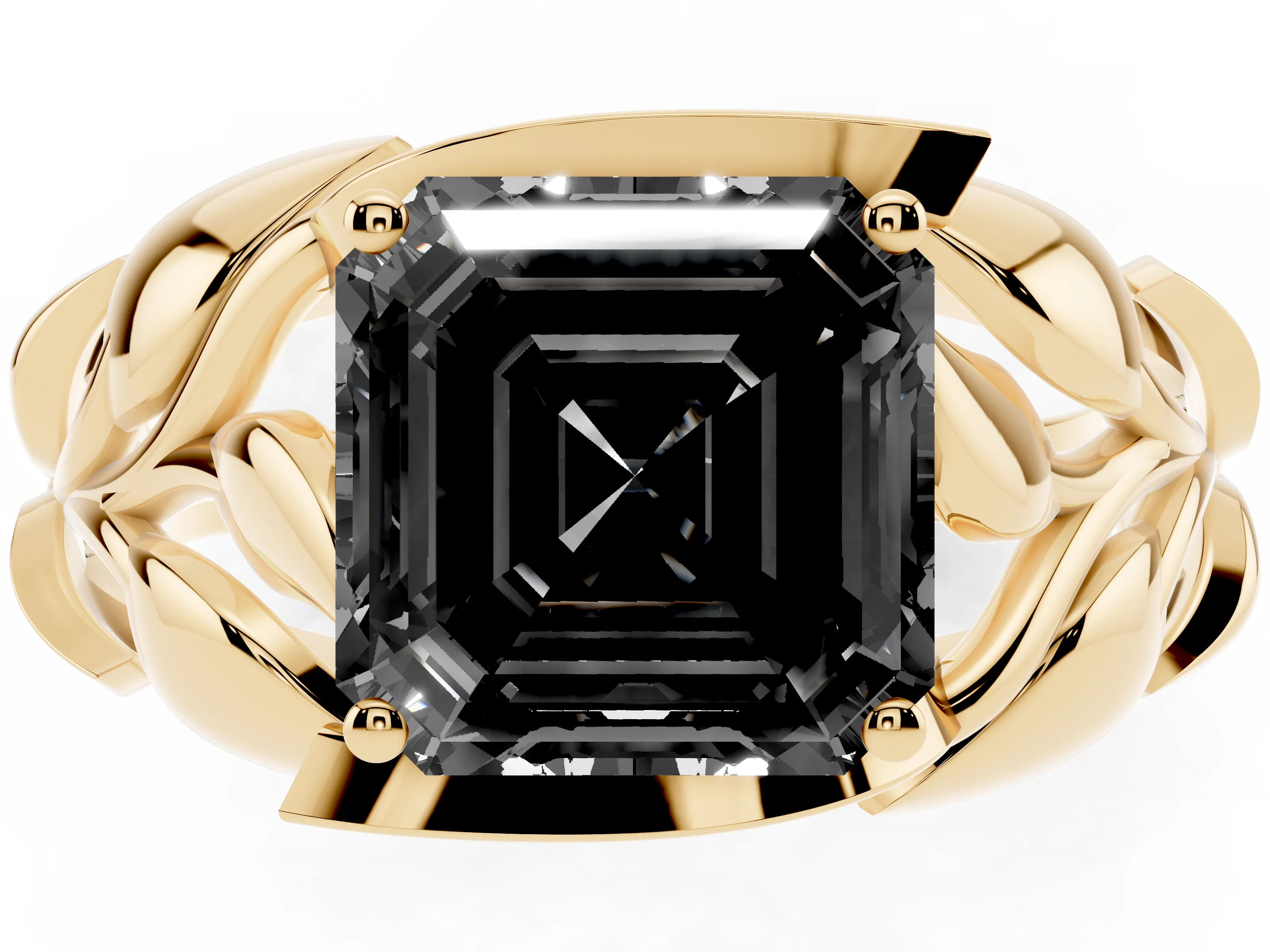 Fancy Black Asscher Cut Diamond Leaf-Inspired Engagement Ring Set in Yellow gold with Round Accents