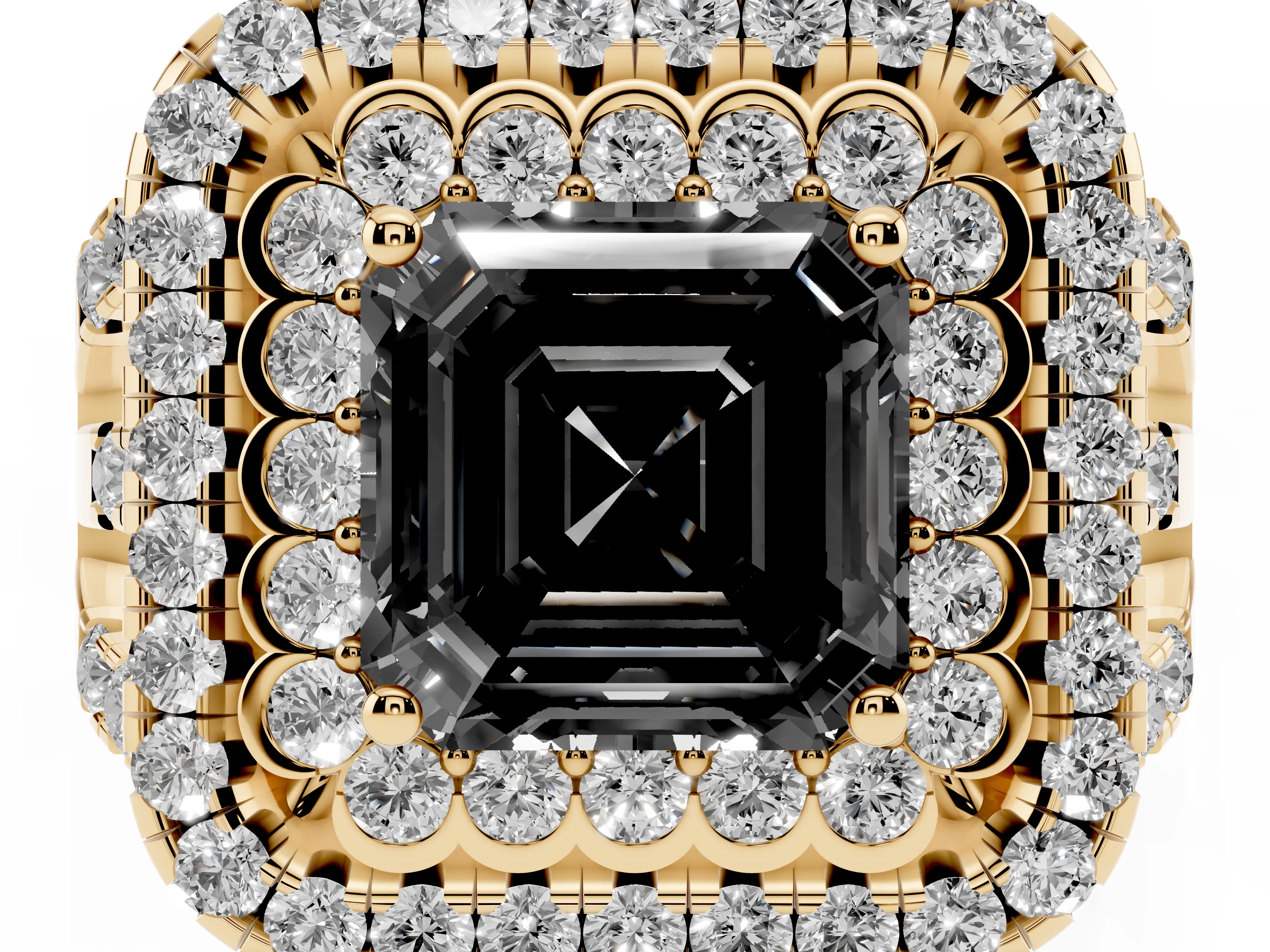 Fancy Black Asscher Cut Diamond Double Halo Ring Set in Yellow gold with Round Pavé Split Shank