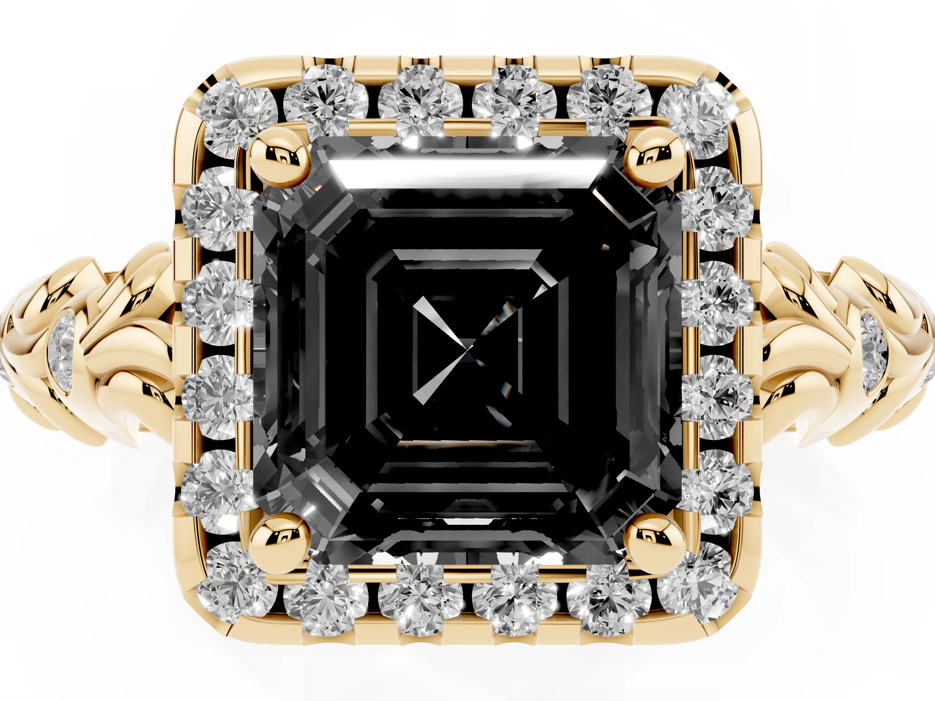 Fancy Black Asscher Cut Diamond Halo Ring Set in Yellow gold with Filigree Leaf Band and Prong Setting